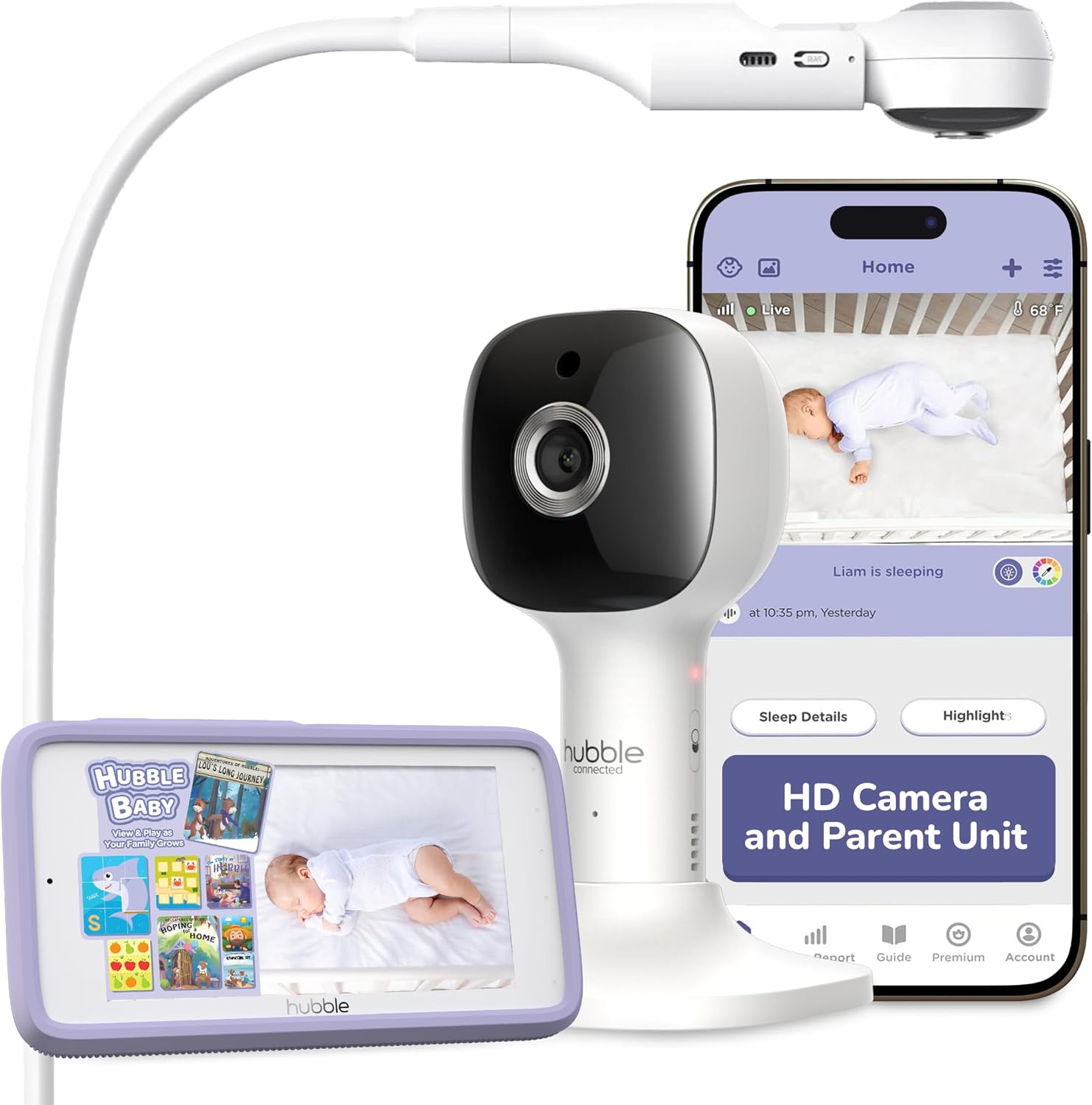 HUBBLE CONNECTED Nursery Pal Skyview Baby Monitor — 5in HD Baby Monitor with Camera and Audio, Remote Access via Smart Device, 7-Color Night Light, Sleep Trainer & Soother — Complete Nursery System