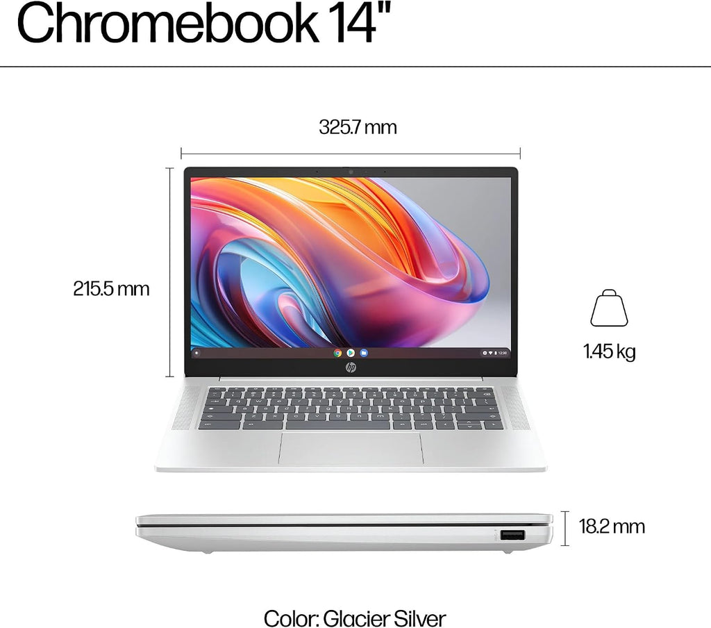 HP Chromebook 14a-nf0002tg 14 Inch Laptop HD 250-nits Intel Processor N100 Intel UHD Graphics 4 Cores 4GB LPDDR5 RAM 64GB eMMC ChromeOS Webcam 720p USB Type-C Fast Charge, Glacier Silver (Renewed)