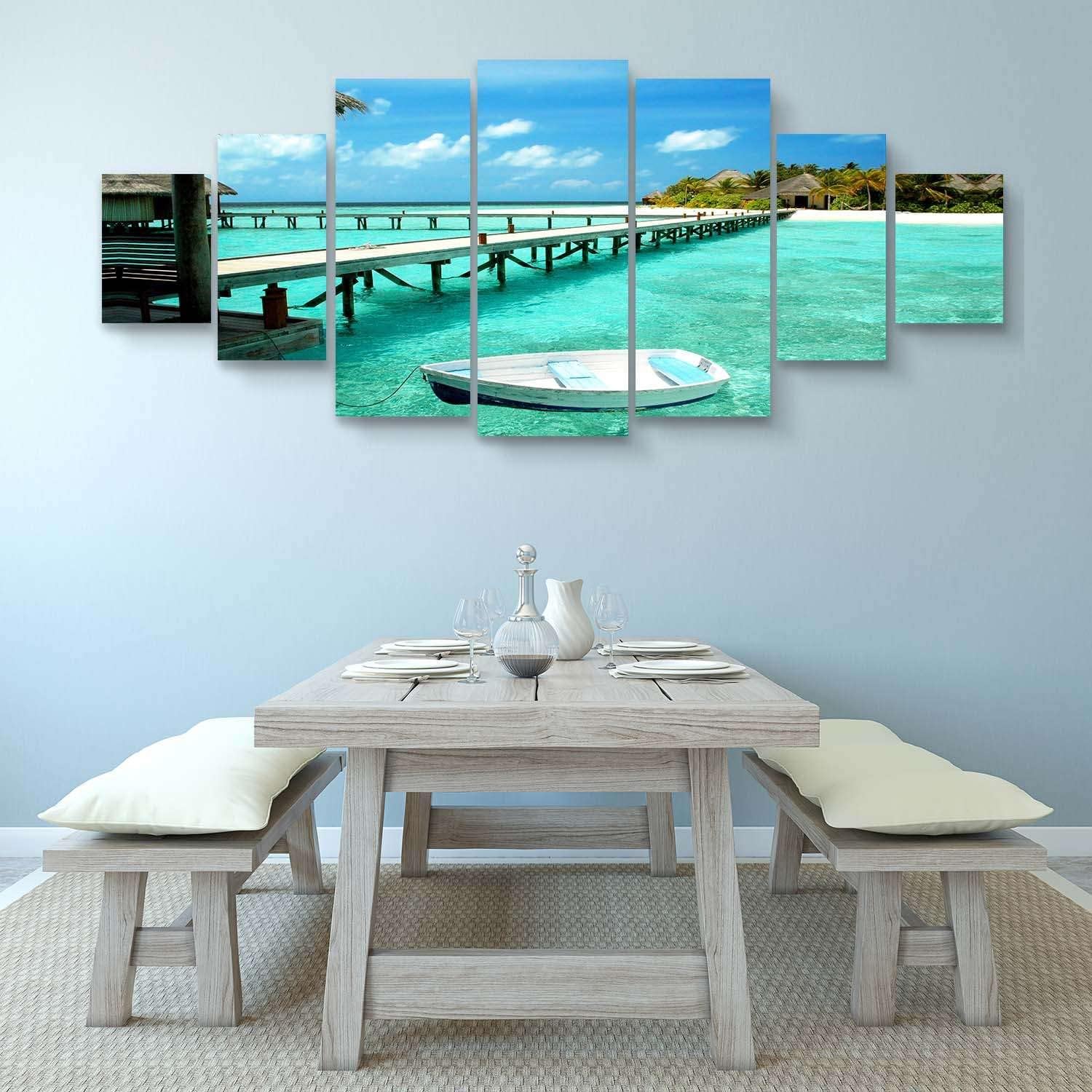Startonight Large Canvas Wall Art Beach - White Boat at the Shore - Huge Framed Modern Set of 7 Panels 40' x 95'