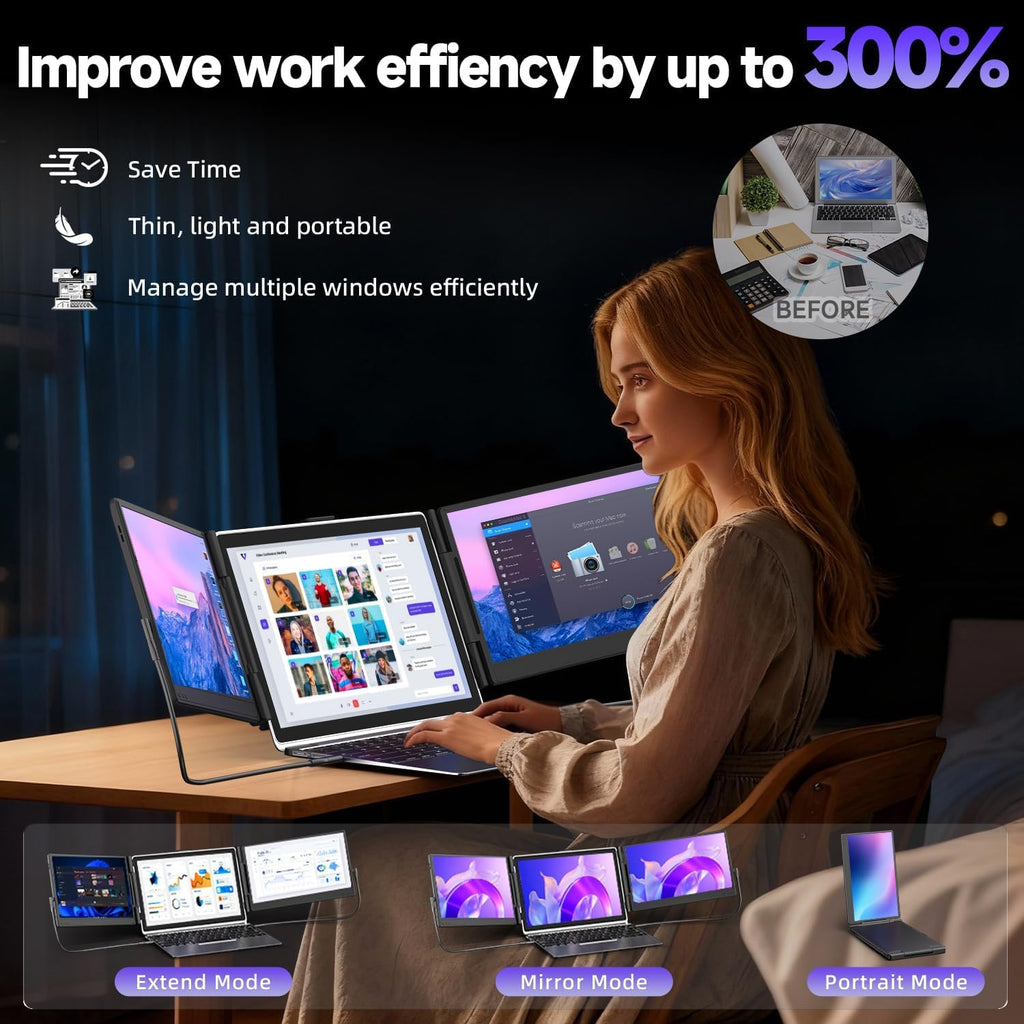 Triple Laptop Screen Extender, Upgraded 14' 1080P FHD IPS Laptop Monitor Extender, Plug & Play LCD Type-C/USB-A/HDMI Travel Monitor for Laptops 13'-17', Fits Windows Mac Linux Chrome