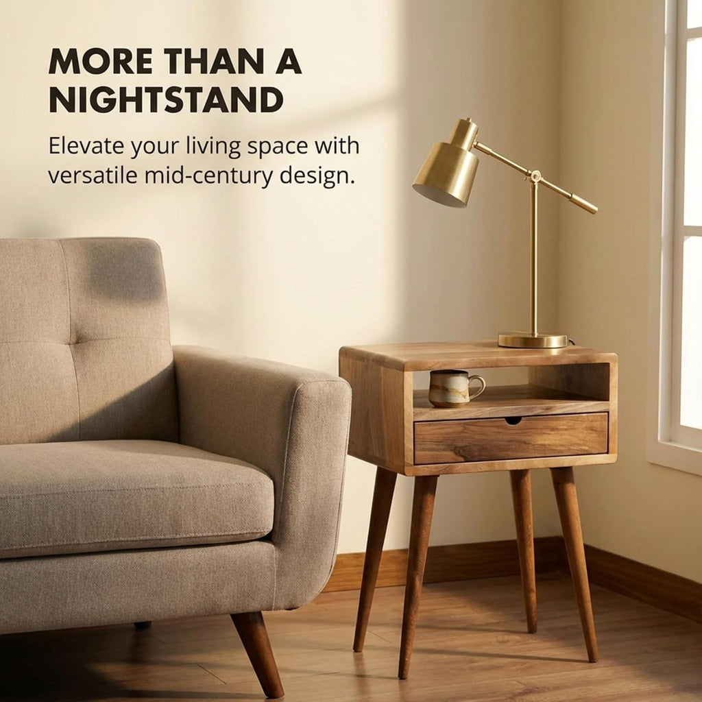 Ultimate Premium Products Mid Century Nightstand with Drawer Solid Walnut Bedside Table with Shelf Nightstand Organizer Unique Style Handmade Bedroom Furniture