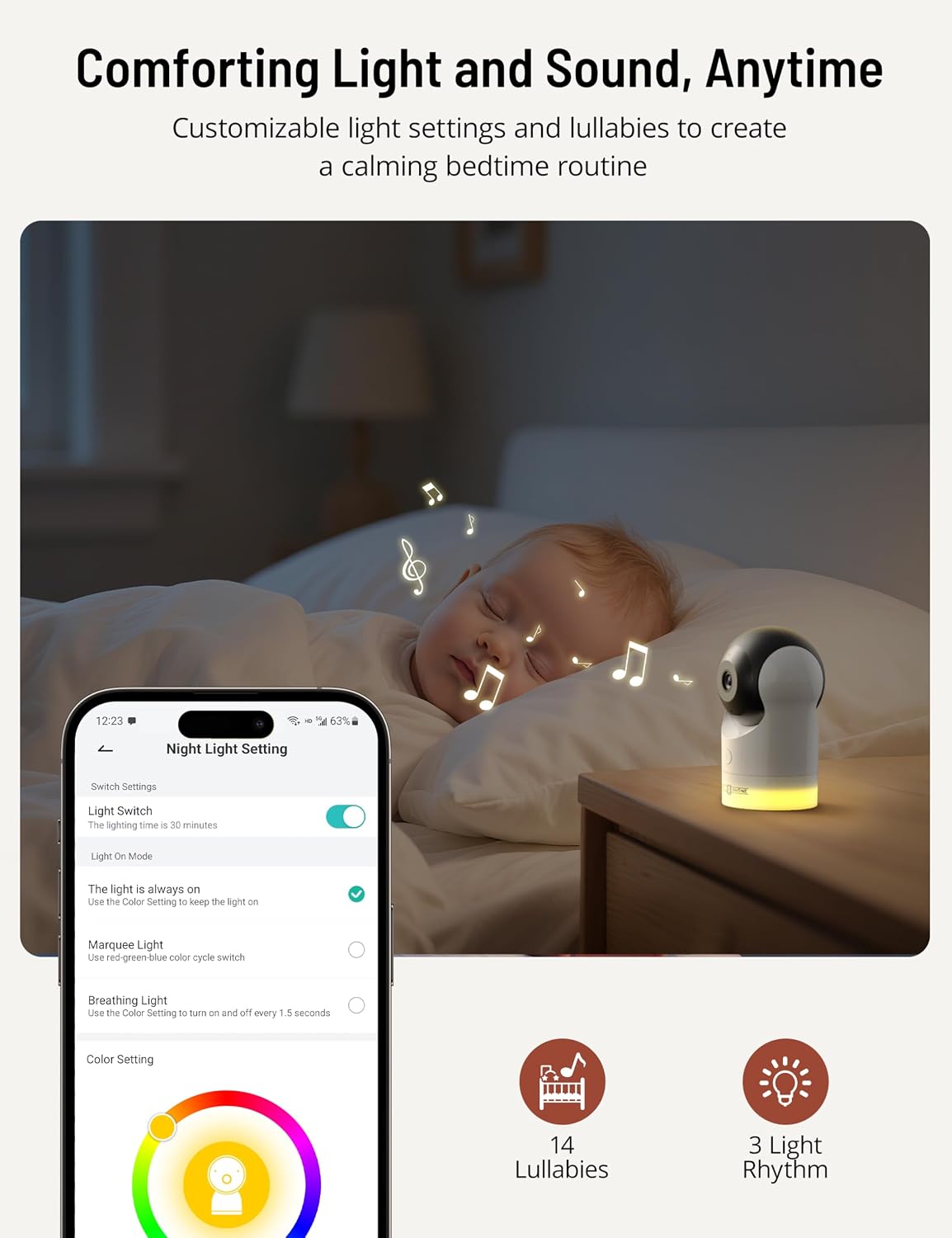 PARIS RHÔNE 2K Split-Screen Baby Monitor, 5' Smart Video Baby Monitor with 2 Cameras, Dual WiFi Cameras with App Control, Night Vision, Motion & Cry Alerts, Auto Tracking, RGB Night Light, Lullabies