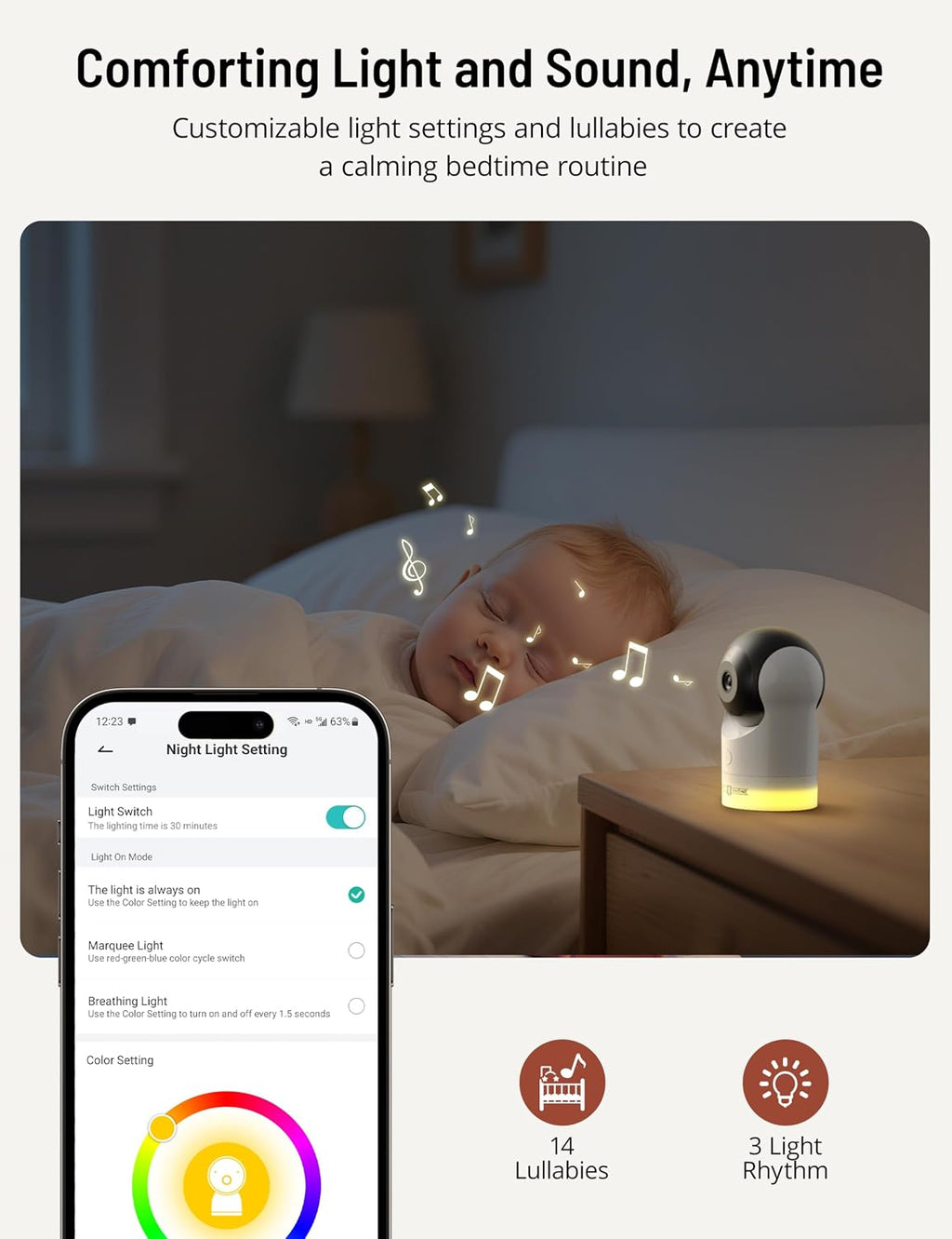 PARIS RHÔNE Video Baby Monitor, 2K UHD WiFi Camera, Night Vision, 5' Smart Baby Monitor with App Control, Motion and Cry Detection, AI Tracking, Three-Way Audio, RGB Night Light, Lullabies