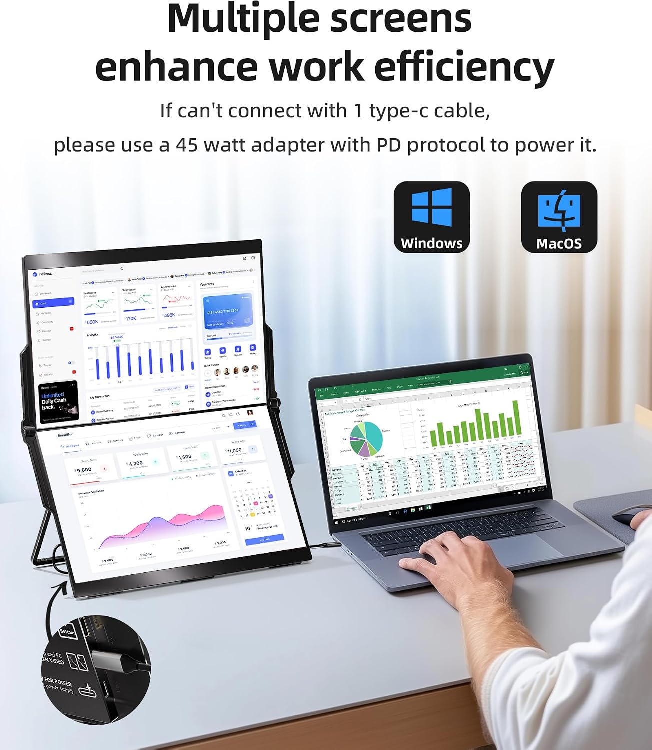 Ingnok 15.6' Dual Monitor, FHD 1080P 100% sRGB Laptop Screen Extender for Windows Mac, with 4 Speakers, 2 HDMI USB C Ports, for Office Gaming Triple Monitor