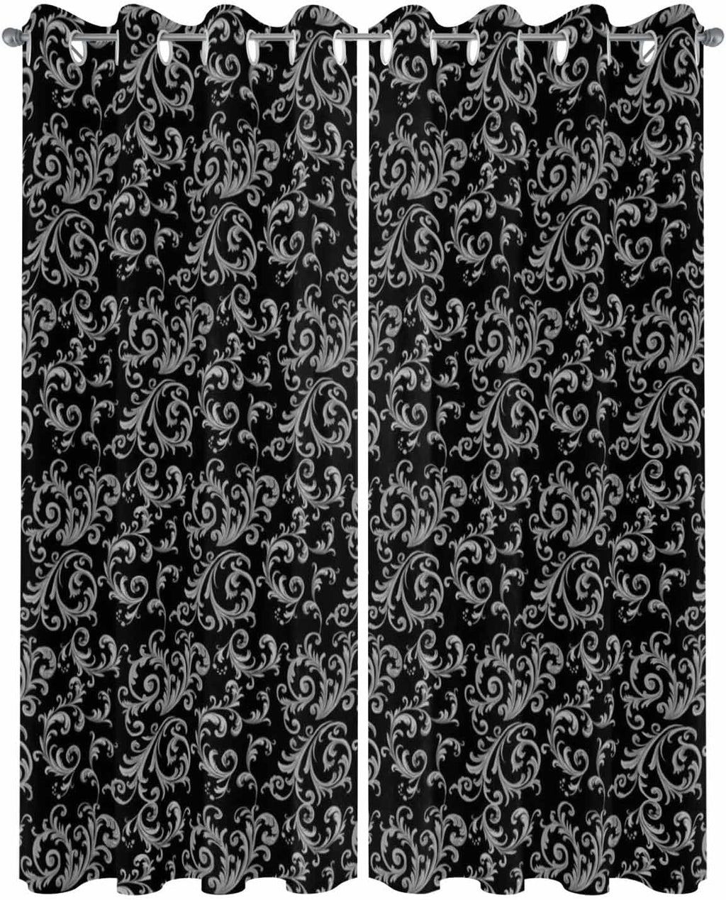 Outdoor Curtain for Patio Waterproof, Winter Christmas Retro Floral Pattern Black Outside Curtains with Grommet Top Curtain Panels Drapes for Pergola, Gazebo, Balcony 54' W x 108' L 2 Pcs