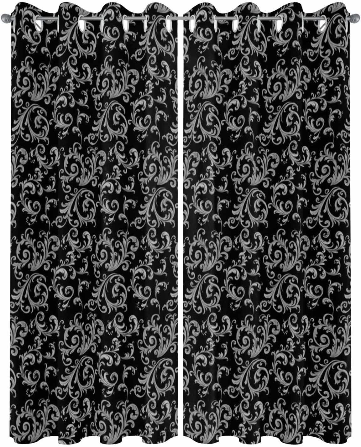 Outdoor Curtain for Patio Waterproof, Winter Christmas Retro Floral Pattern Black Outside Curtains with Grommet Top Curtain Panels Drapes for Pergola, Gazebo, Balcony 54' W x 108' L 2 Pcs