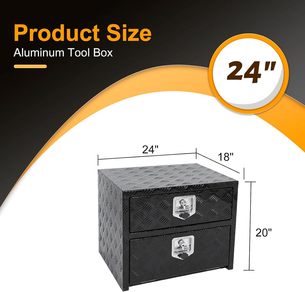 24' Truck Tool Box With One Lower Door and drawer,Heavy-Duty Aluminum 5 Bar Tread Double-layer Toolbox, 24'x 20'x 18' Truck bed Tools Storage Organizer W/Lock and Keys For Truck, Van, Trailer