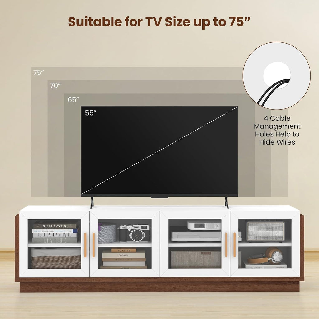 Giantex Large TV Stand for TVs up to 75', Entertainment Center with 4 Tempered Glass Doors, 2 Adjustable Shelf, 4 Cable Holes, Media Console, 70 x 16 x 20 Inches TV Cabinet for Bedroom, Living Room