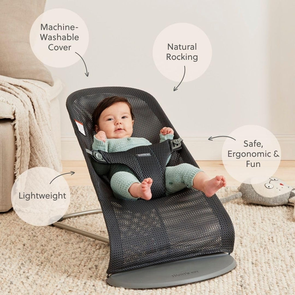 BabyBjörn Bouncer Bliss, Anthracite, Mesh | 2-in-1 Adjustable Baby Bouncer Seat and Toddler Chair, Newborn to Toddler (8-29 lbs), 4 positions, Lightweight & Portable