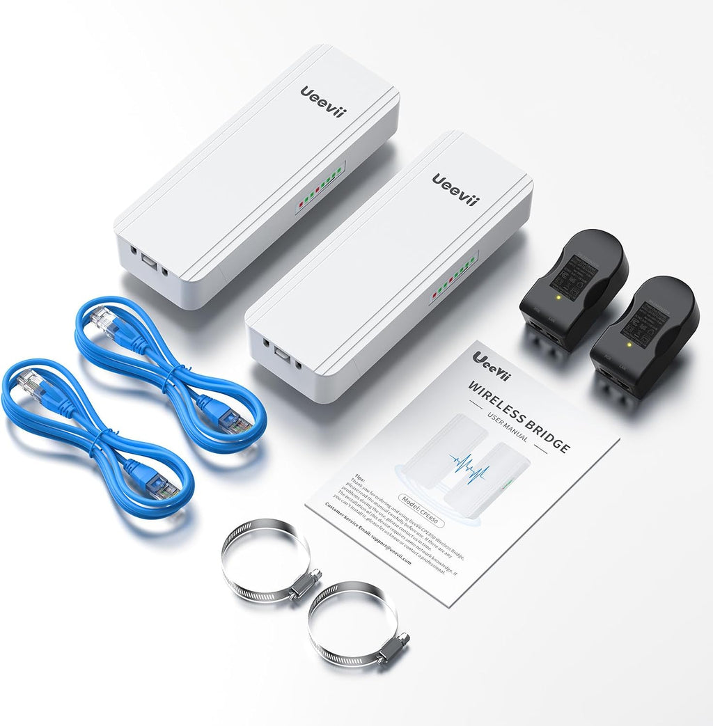 UeeVii 2.4G & 5G Dual Band Wireless Bridge, IP65 Outdoor Point to Point WiFi Bridge CPE5824 with 2 1000Mbps RJ45 Port,16dBi High-Gain Antenna, 5KM Long Range, 24V PoE Power, for Barn Shop Garage