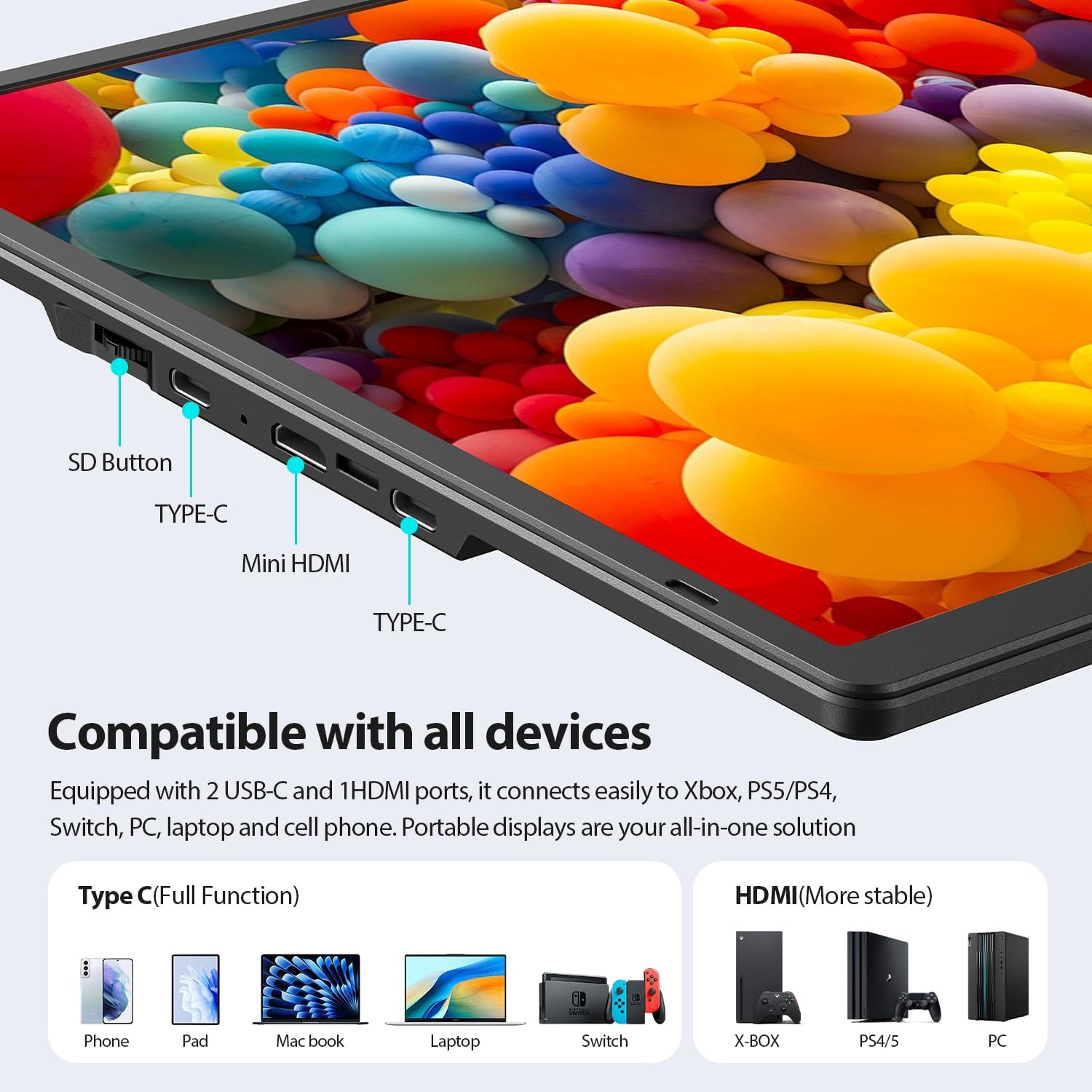 16.2'' Portable Monitor FHD 1200P USB-C/HDMI with Retractable Stand & Speakers, Ultra-Slim Computer Display HDR Eye Care Laptop Screen Plug-Play, External Monitor for MAC PC Phone PS4 Xbox