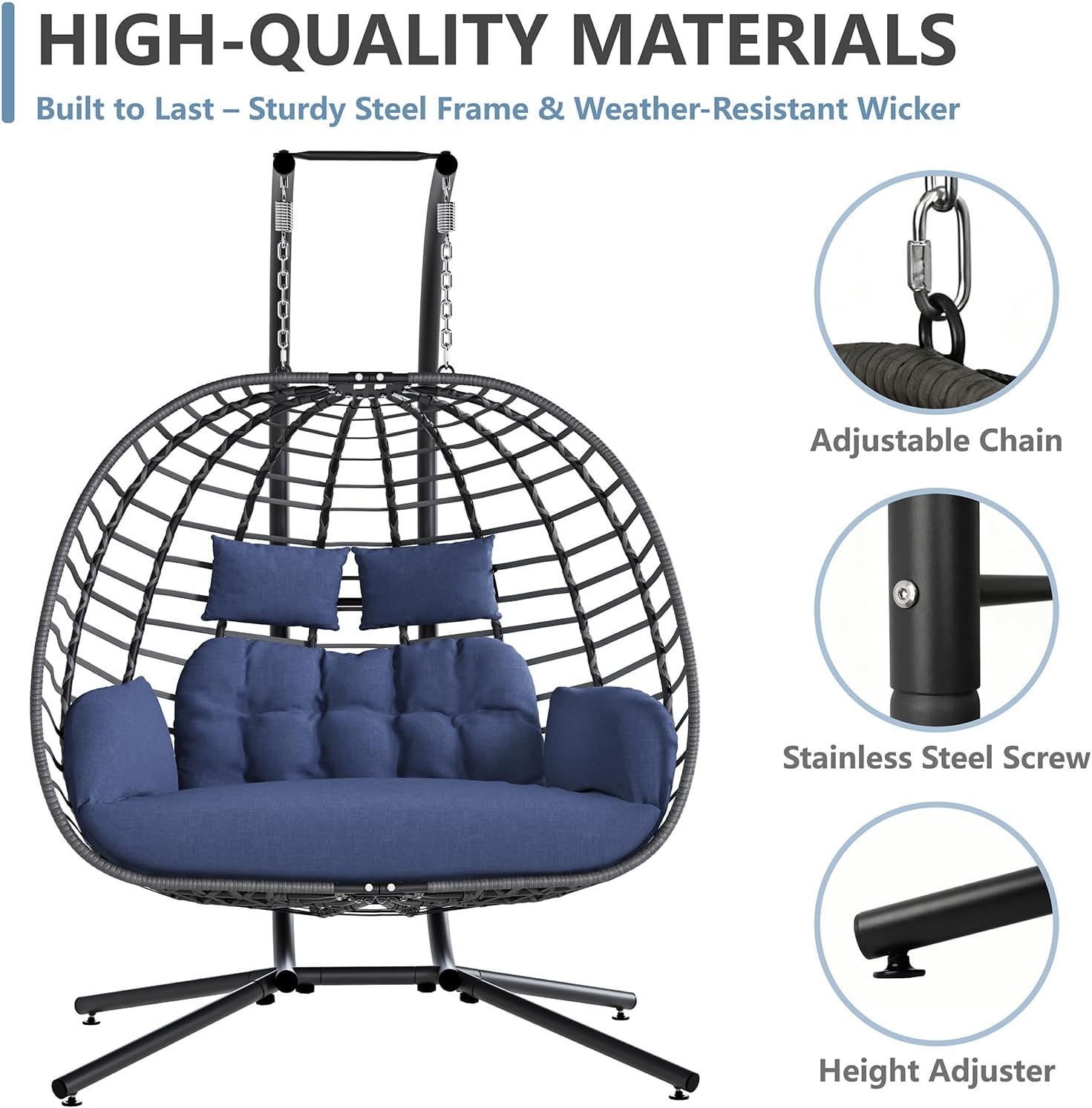 SWITTE Double Hanging Egg Chair with Stand, Outdoor Patio 2 Person Wicker Hammock Swing Chairs with Cushion for Indoor Bedroom, Lawn, Garden-Dark Blue