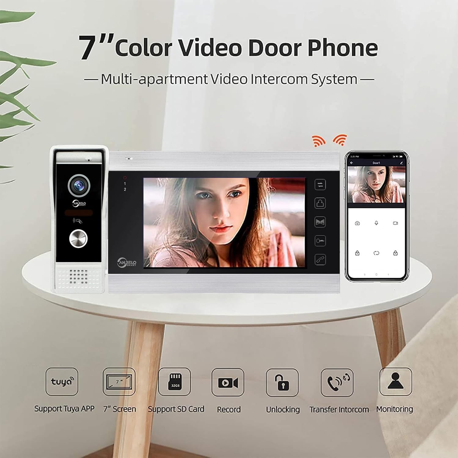 ANJIELO SMART 1080P HD Video Intercom System,WiFi Video Doorbell Camera with 4PC 7 inch Monitor,Wired Doorbell Support Two-Way Audio,Remote Unlock, PIR Motion Detection,Night Vision