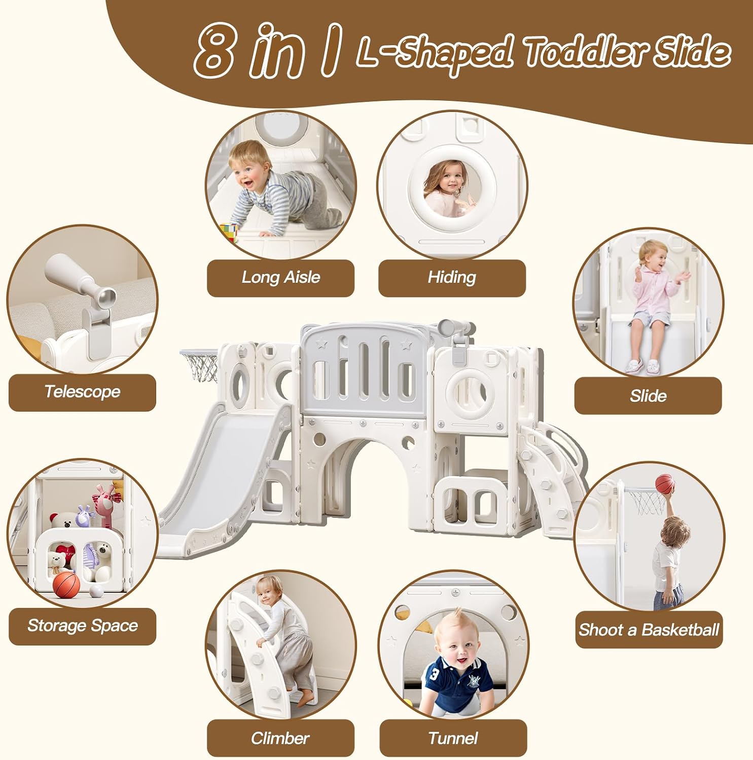 YUYUE 8 in 1 Toddler Slide,Kids Climber Slide with Storage Space and Non-Slip Steps,Indoor Outdoor Playset with Basketball Hoopa and Telescope,Slide for Toddlers 3+