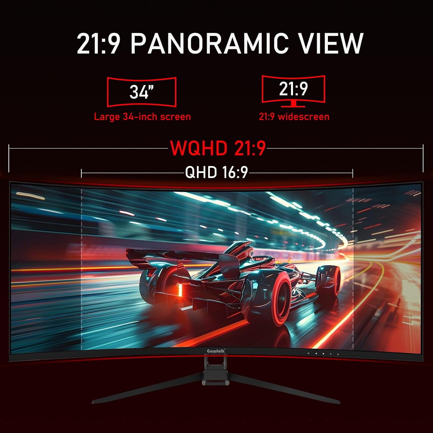 Gawfolk 34 Inch Ultrawide Curved 144Hz Gaming Computer Monitor 1500R PC Screen 21:9 UWQHD (3440x1440),Adaptive Sync,178° Viewing Angle,Display Port 1.4、HDMI 2.0,Compatible with wall mounting -Black