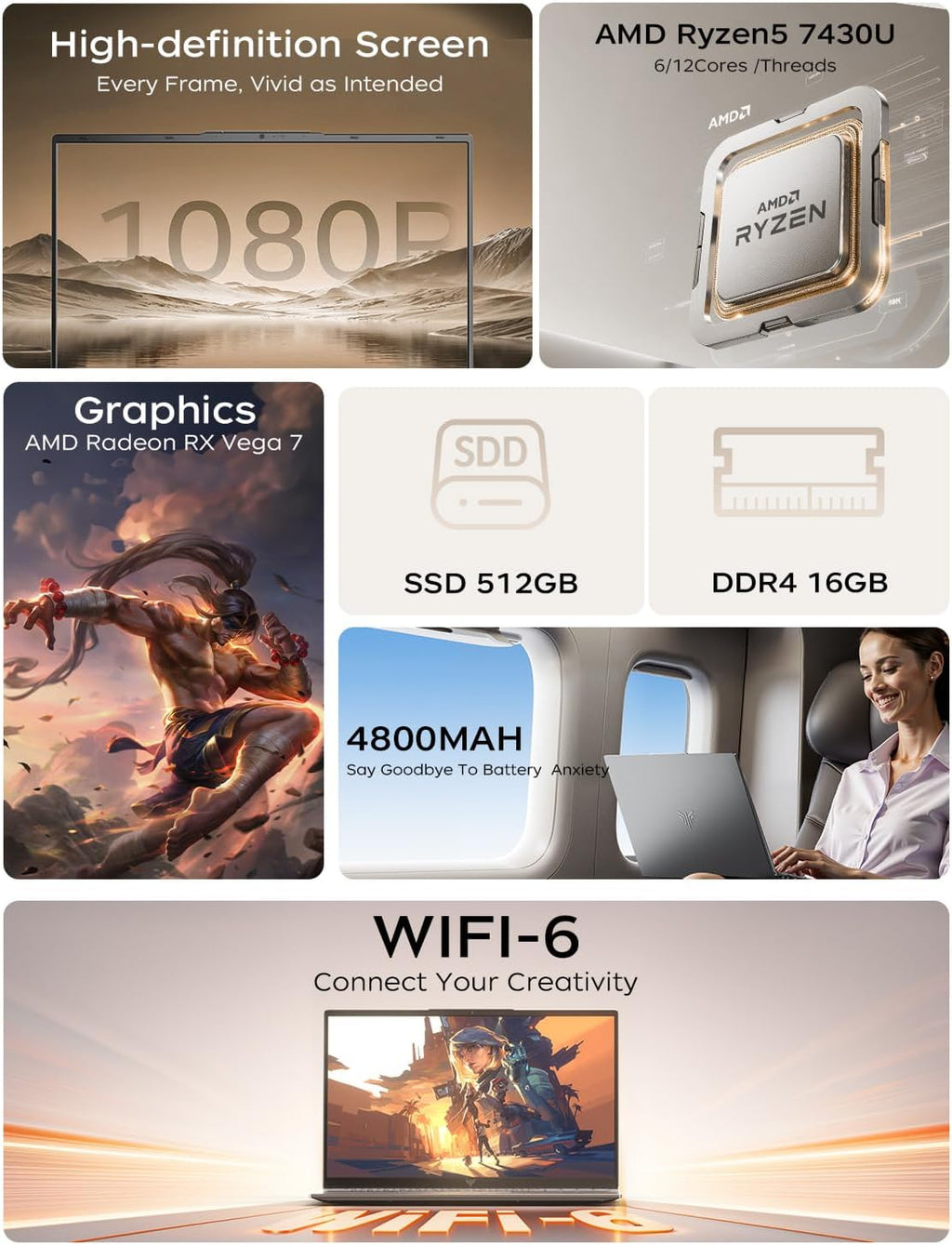 KAIGERR 2026 Light Gaming Laptop, ΑΜD Ryzen 7430U (Up to 4.3GHz), 16GB RAM 512GB NVMe SSD, 15.6in IPS Laptop Computer WiFi 6 Bluetooth 5.2, Numeric Keypad, Home Laptops Office Laptops, HDMI Type-C