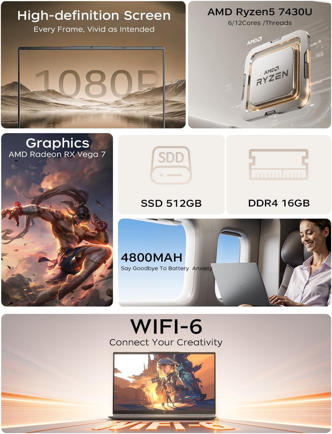 KAIGERR 2026 Light Gaming Laptop, ΑΜD Ryzen 7430U (Up to 4.3GHz), 16GB RAM 512GB NVMe SSD, 15.6in IPS Laptop Computer WiFi 6 Bluetooth 5.2, Numeric Keypad, Home Laptops Office Laptops, HDMI Type-C