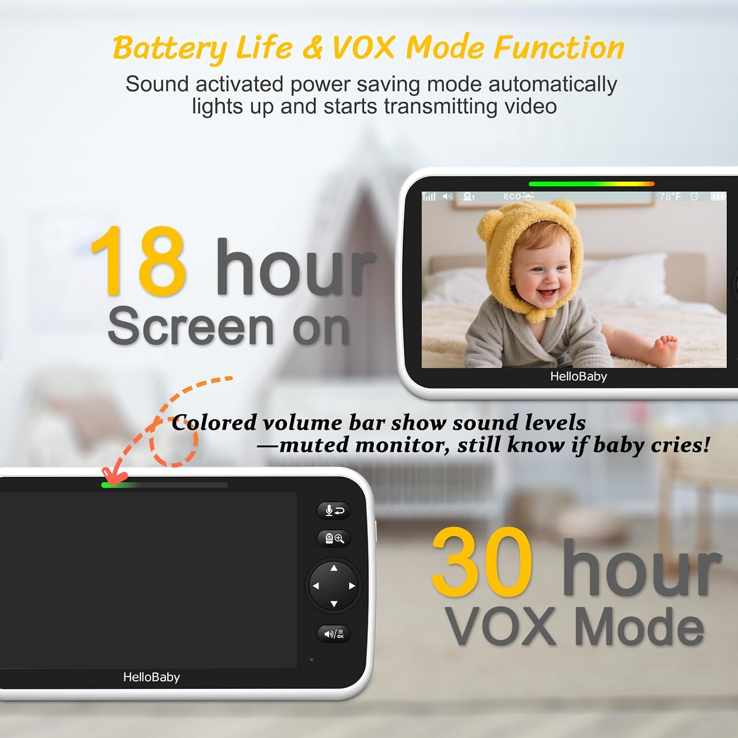 HelloBaby Baby Monitor with 2 Cameras, 6' World First Split Screen, No WiFi, 30H Battery, 355° Pan-Tilt-Zoom, Night Vision, VOX, 8 Lullabies, Temperature Alert, 1000ft Range, Portable for Travel
