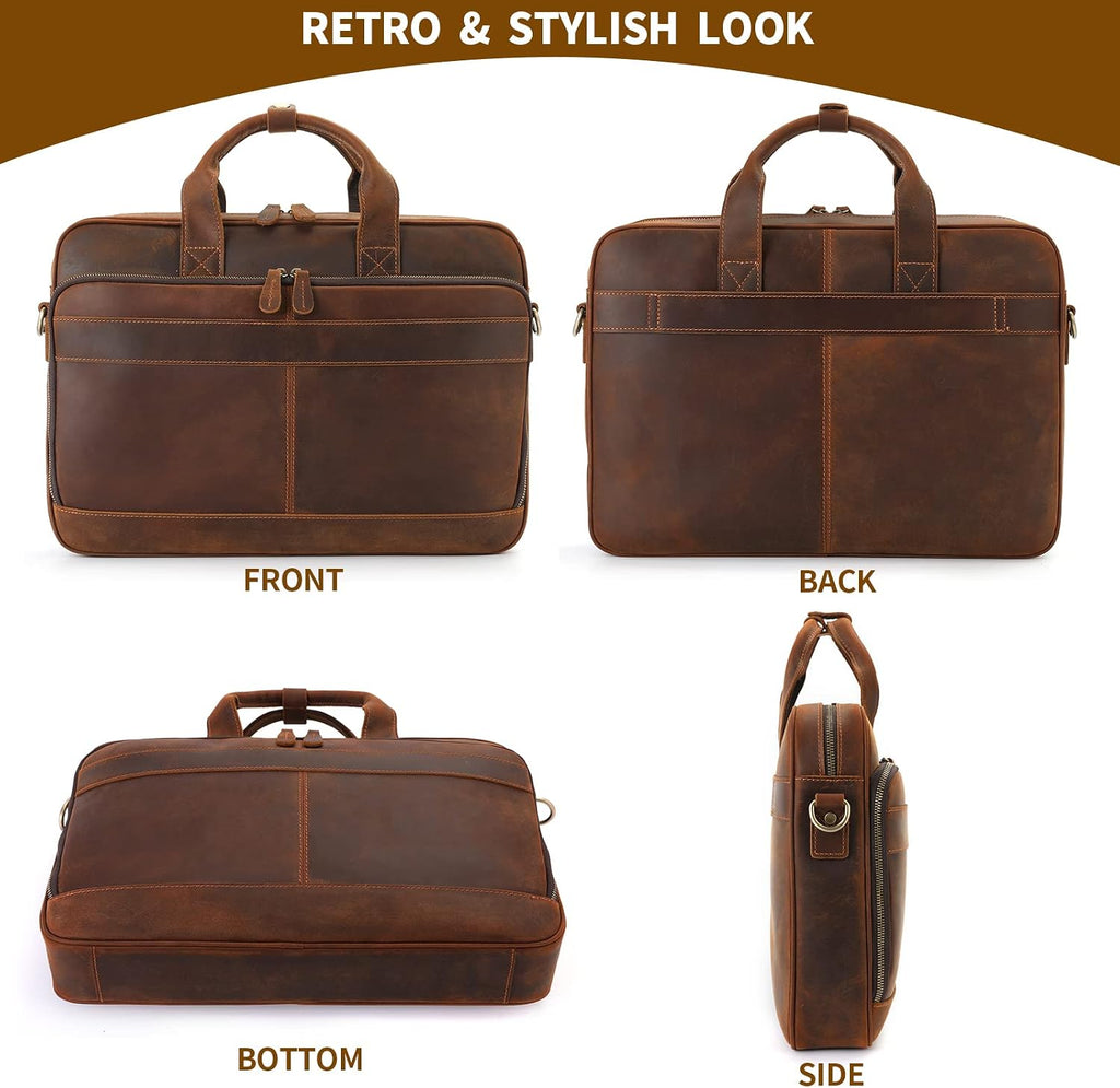 Jack&Chris Full Grain Leather Briefcase for Men, Business Messenger Bag Laptop Bag Attache Case, Fits 15.6 Inch Laptop