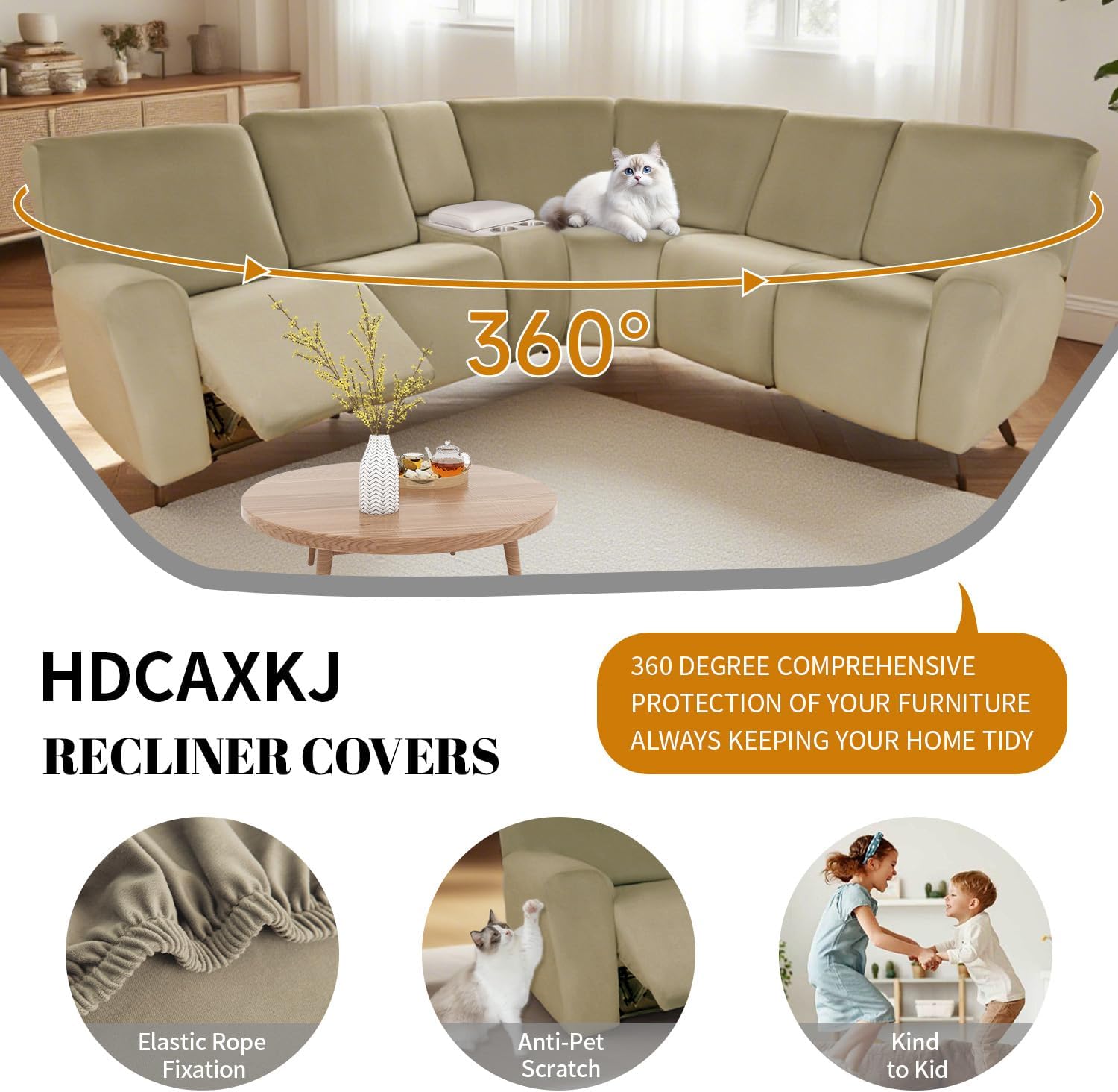 HDCAXKJ Reclining Sectional Couch Covers Velvet L Shaped Sectional Sofa Cover Washable Stretch Soft Corner Recliner Slipcover with Non-Slip Elastic Bottom (5 Seat and 2 Middle Console, Brown Khaki)