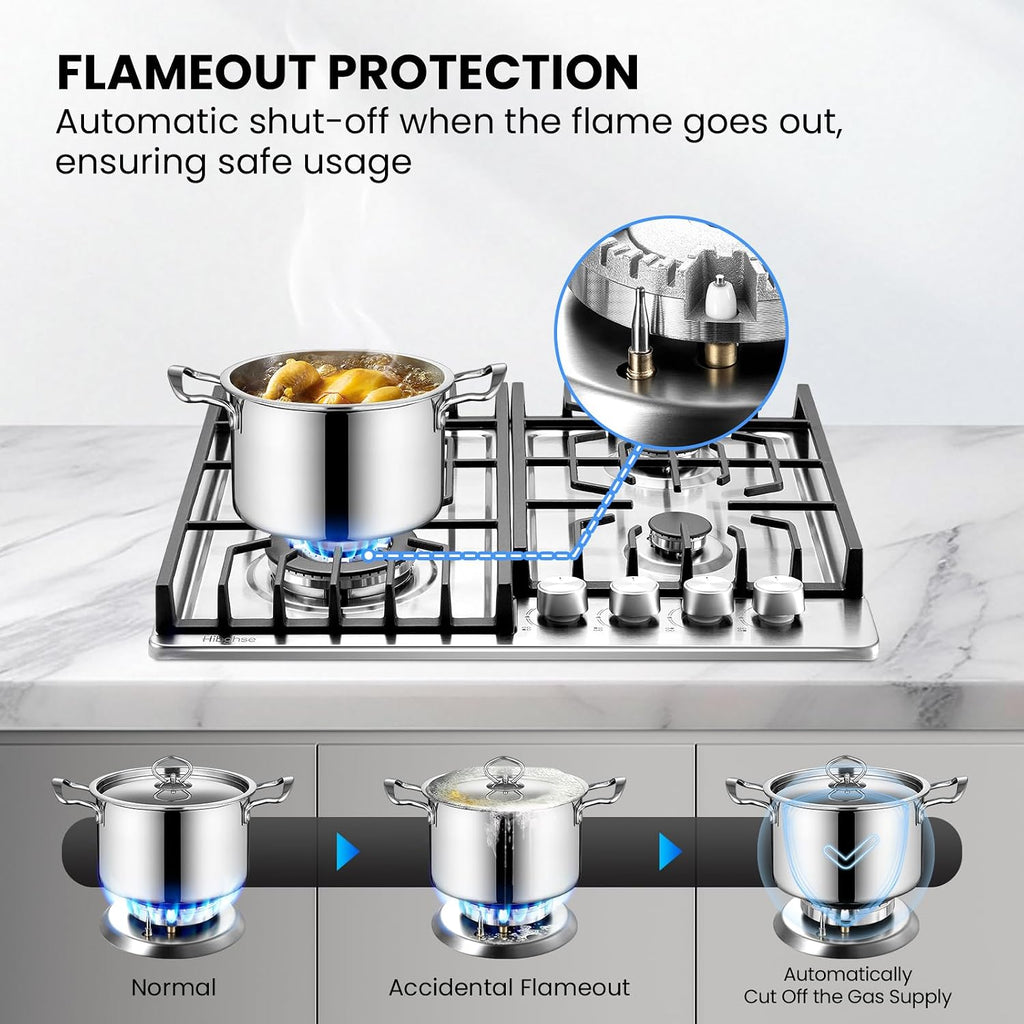 24 inch Gas Cooktop, Bulit-in 4 Burners Gas Stove Stainless Steel Stove Top with Thermocouple Protection, LPG/NG Convertible Propane Cooktops