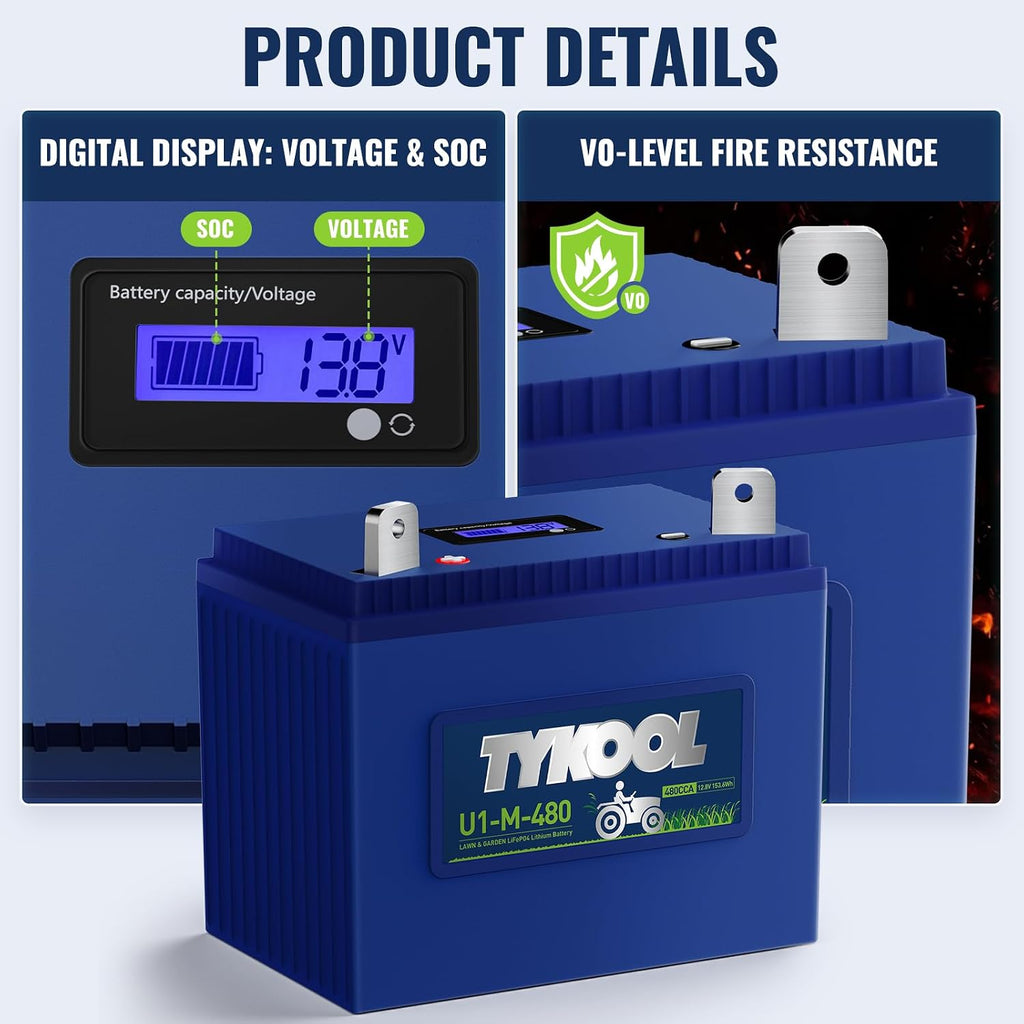 TYKOOL 480CCA 12AH, Group U1 Lithium LiFePO4 Lawn Mower Battery,Garden Tractor Battery, Fits for Ride on Lawn Tractor and Mower,Compatible with John Deere,Cub Cadet,Craftsman,Troy-Bilt Mower,Generator