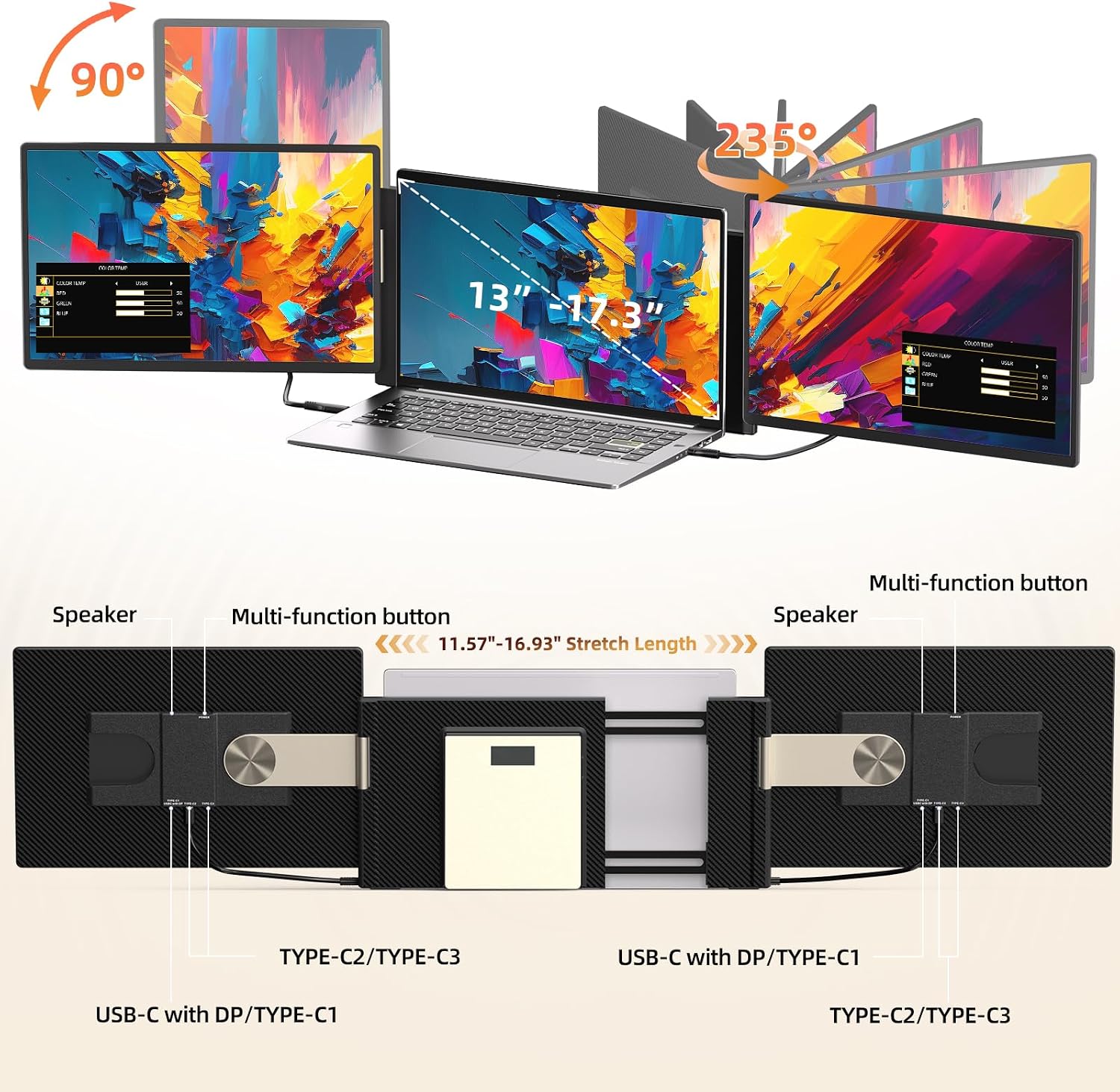 Laptop Screen Extender 2.5K Monitor - 16' Double Portable Monitor 2560x1600P QHD 100% sRGB IPS 235° Rotation Detachable Screen Design Extra Compatible with Mac Wins Dex Chrome Fits 13'-17' Laptops