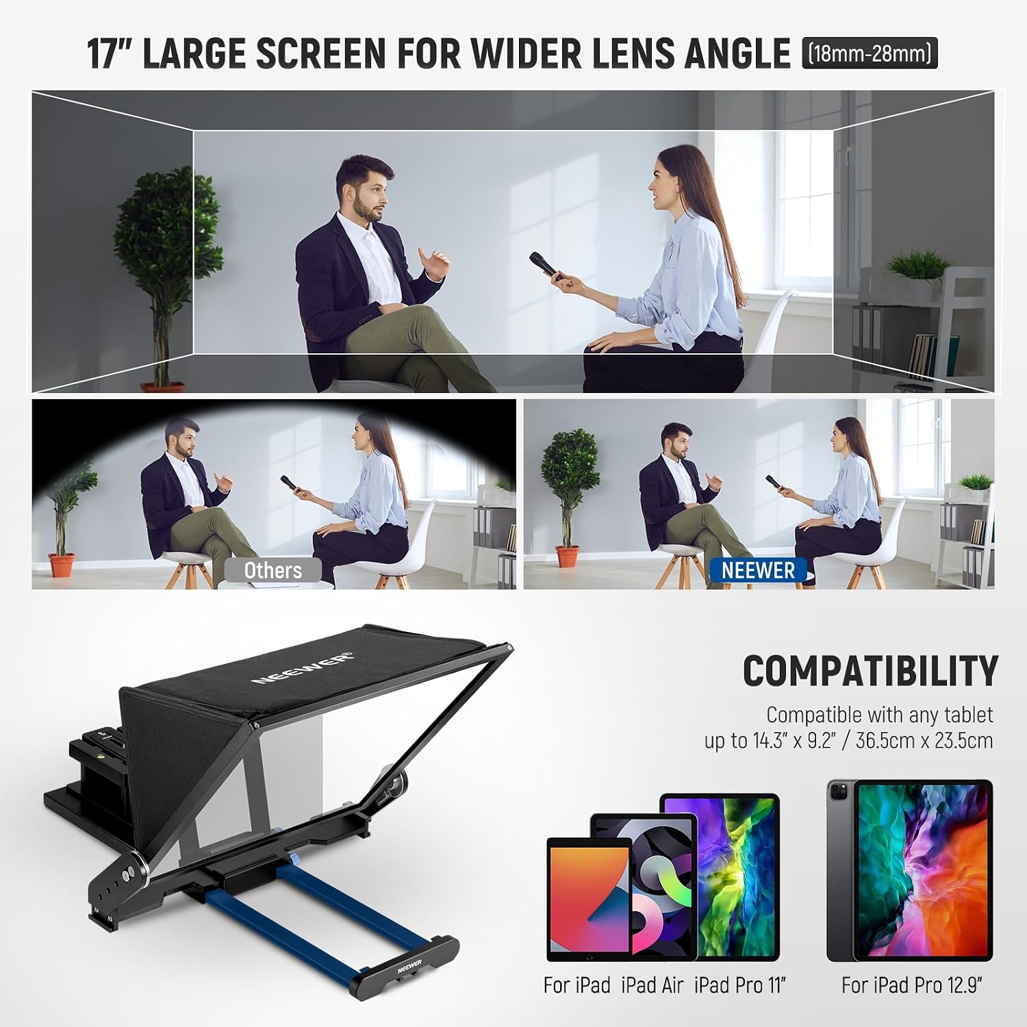 NEEWER Teleprompter X17 II with RT113 Remote/APP Control, 17' HD Beamsplitter All Metal Frame Upgraded Camera Mount QR Plate Compatible with Manfrotto 501PL iPad iPhone, Max Load 44.1Ib, Assembly Free