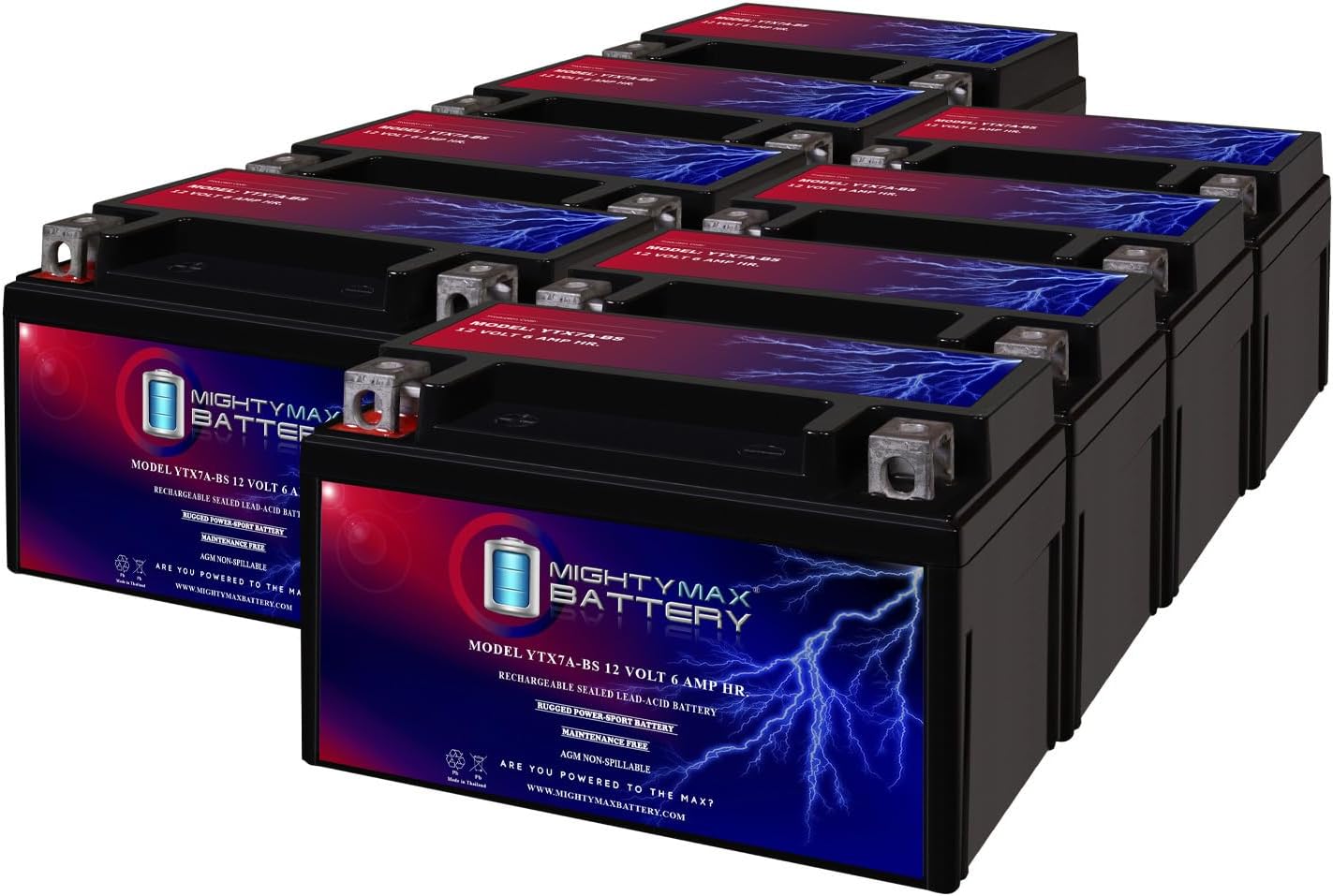 Mighty Max Battery YTX7A-BS 12V 6AH Sealed Lead AGM Battery For Motorcycles - 8 Pack