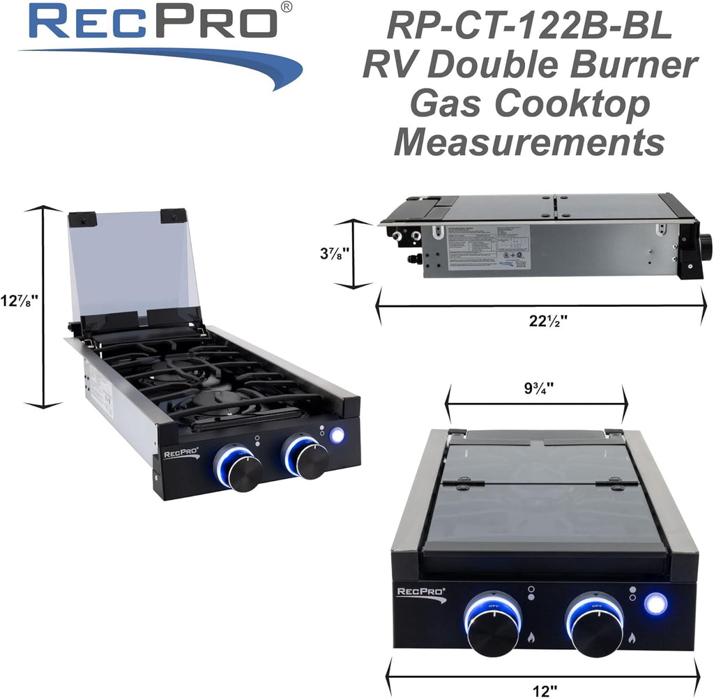 RecPro RV Built In Gas Cooktop | 2 Burner or 3 Burner | RV Cooktop Stove | 6,500 and 8,000 BTU Burners | Cover Included (2 Burner Black)