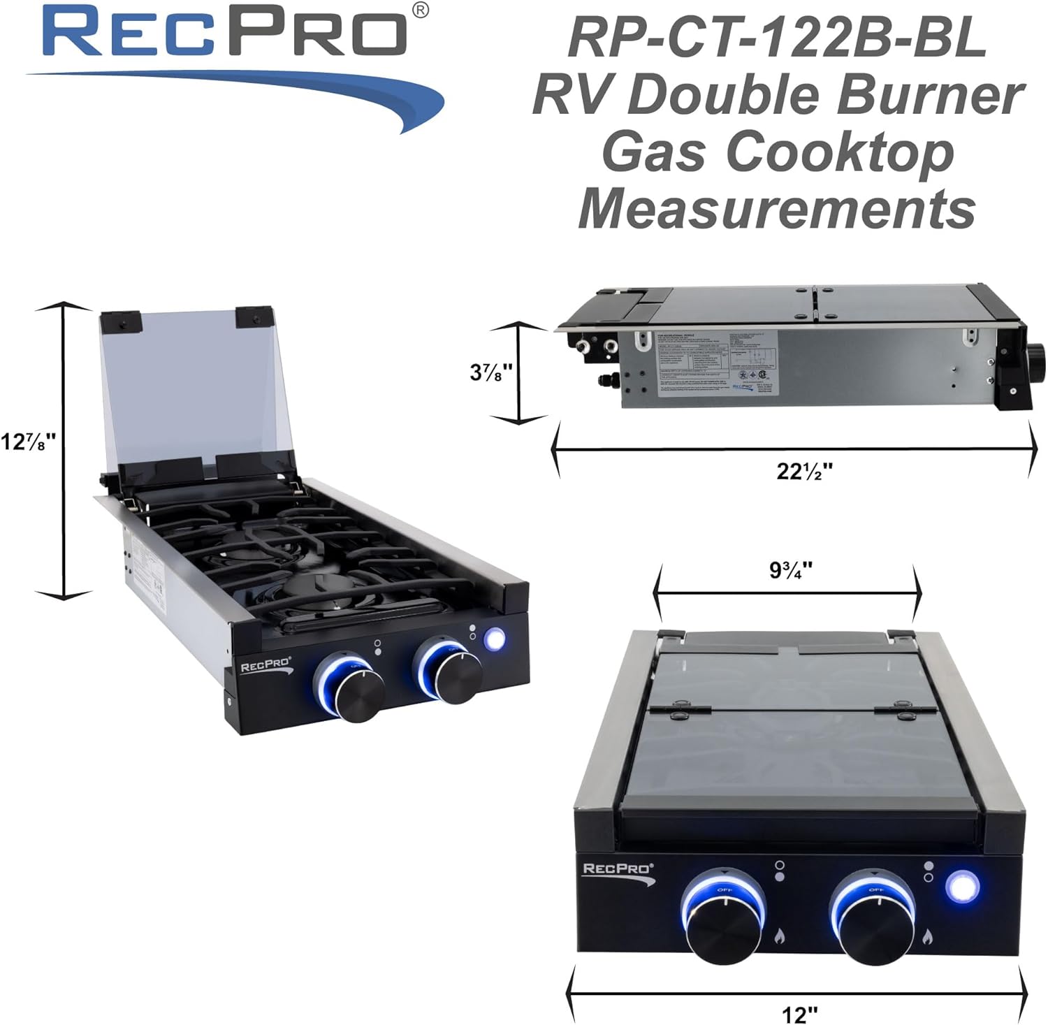 RecPro RV Built In Gas Cooktop | 2 Burner or 3 Burner | RV Cooktop Stove | 6,500 and 8,000 BTU Burners | Cover Included (2 Burner Black)