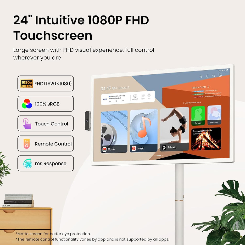 ApoloSign 24 Inch FHD Smart Portable TV 2nd Gen, 16(8+8) GB RAM+128GB, Android 16, EDLA-Certified, Rolling Tablet TV on Wheels, Built-in 5200mAh Battery, Full Swivel Rotation, Voice Remote Control