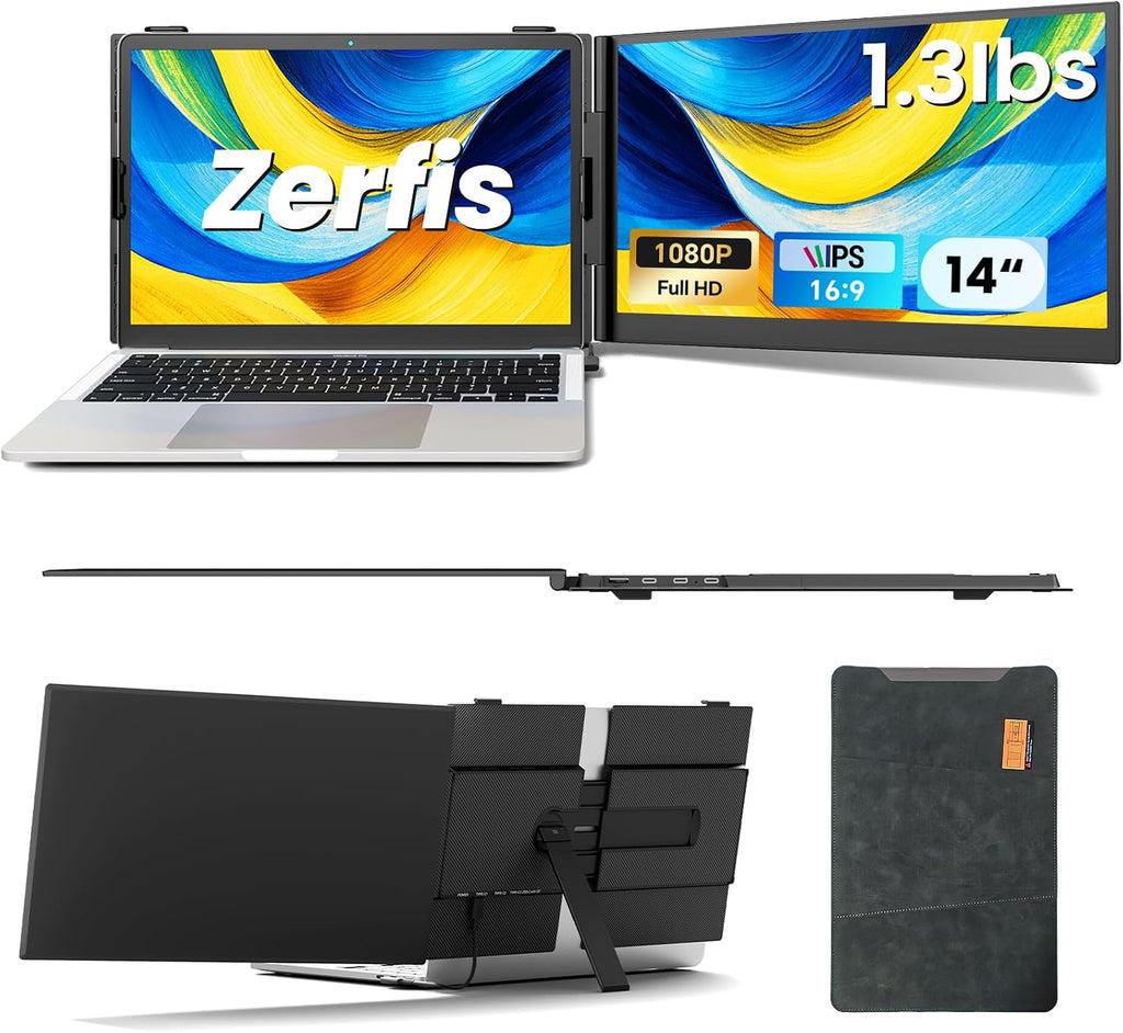Laptop Screen Extender, Ultra-Thin 14' FHD 1080P Portable Monitor for Laptop, 1.3lbs Lightweight Dual Monitor Extender Plug & Play for 13'-17' Laptops, Compatible with Wins/Mac/Android/Chrome