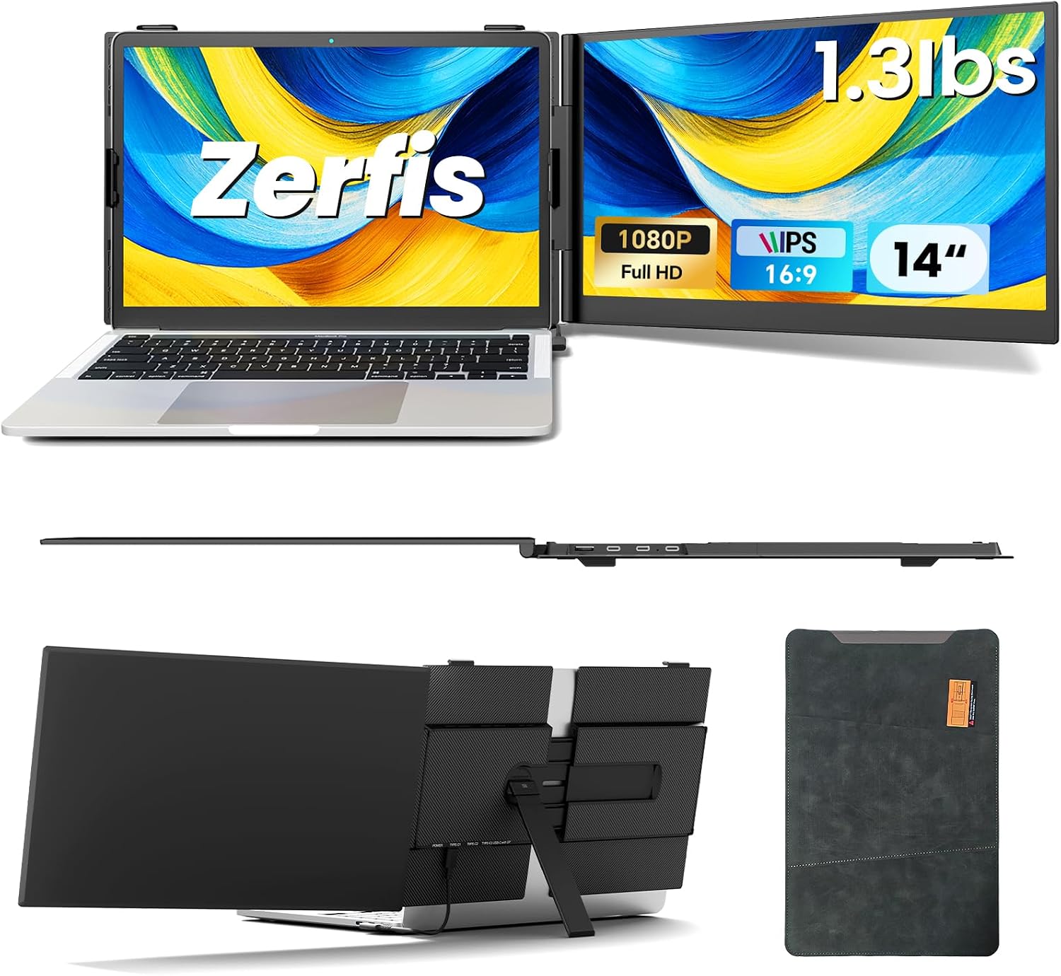 Laptop Screen Extender, Ultra-Thin 14' FHD 1080P Portable Monitor for Laptop, 1.3lbs Lightweight Dual Monitor Extender Plug & Play for 13'-17' Laptops, Compatible with Wins/Mac/Android/Chrome
