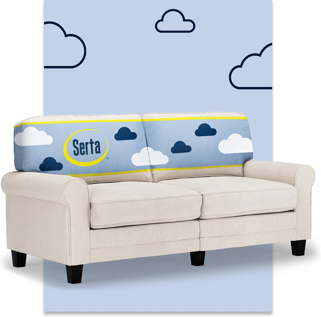 Serta Copenhagen 73' Rolled Arm Sofa, Easy Care Polyester, Soft Pillow Back, Pocket Coil Seat Cushions, Removable Covers, Loveseat or Couch for Small Spaces, Living Rooms or Bedrooms, Cream White