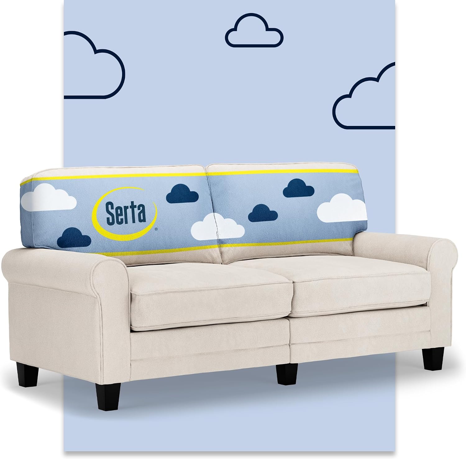 Serta Copenhagen 73' Rolled Arm Sofa, Easy Care Polyester, Soft Pillow Back, Pocket Coil Seat Cushions, Removable Covers, Loveseat or Couch for Small Spaces, Living Rooms or Bedrooms, Cream White