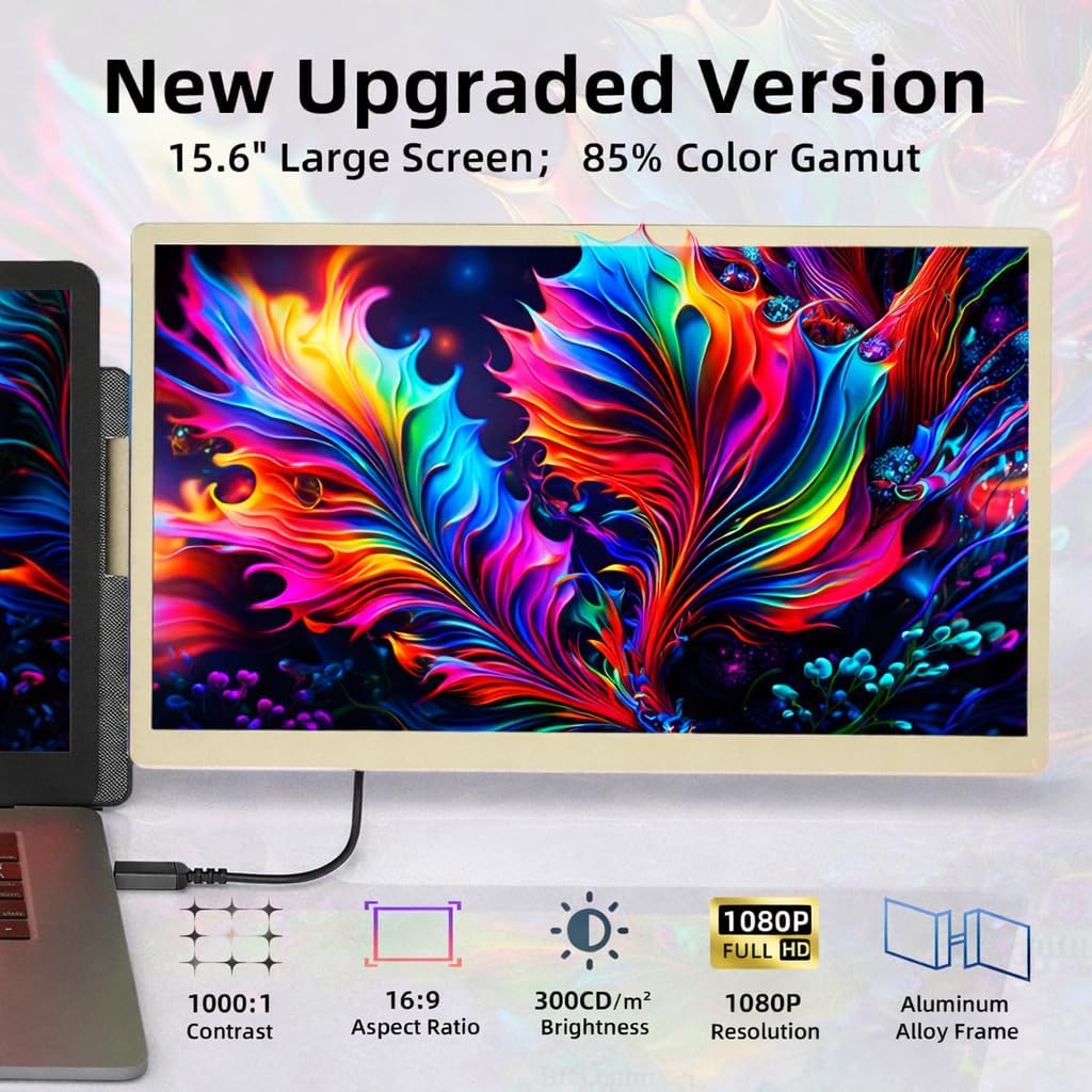 ROYY Laptop Screen Extender Double Monitor - 15.6' Detachable Portable Computer Monitor, FHD 1080P IPS 235 Degrees Rotation Extra Screen Compatible with Mac Wins Dex Chrome Fits 13-17' Laptop