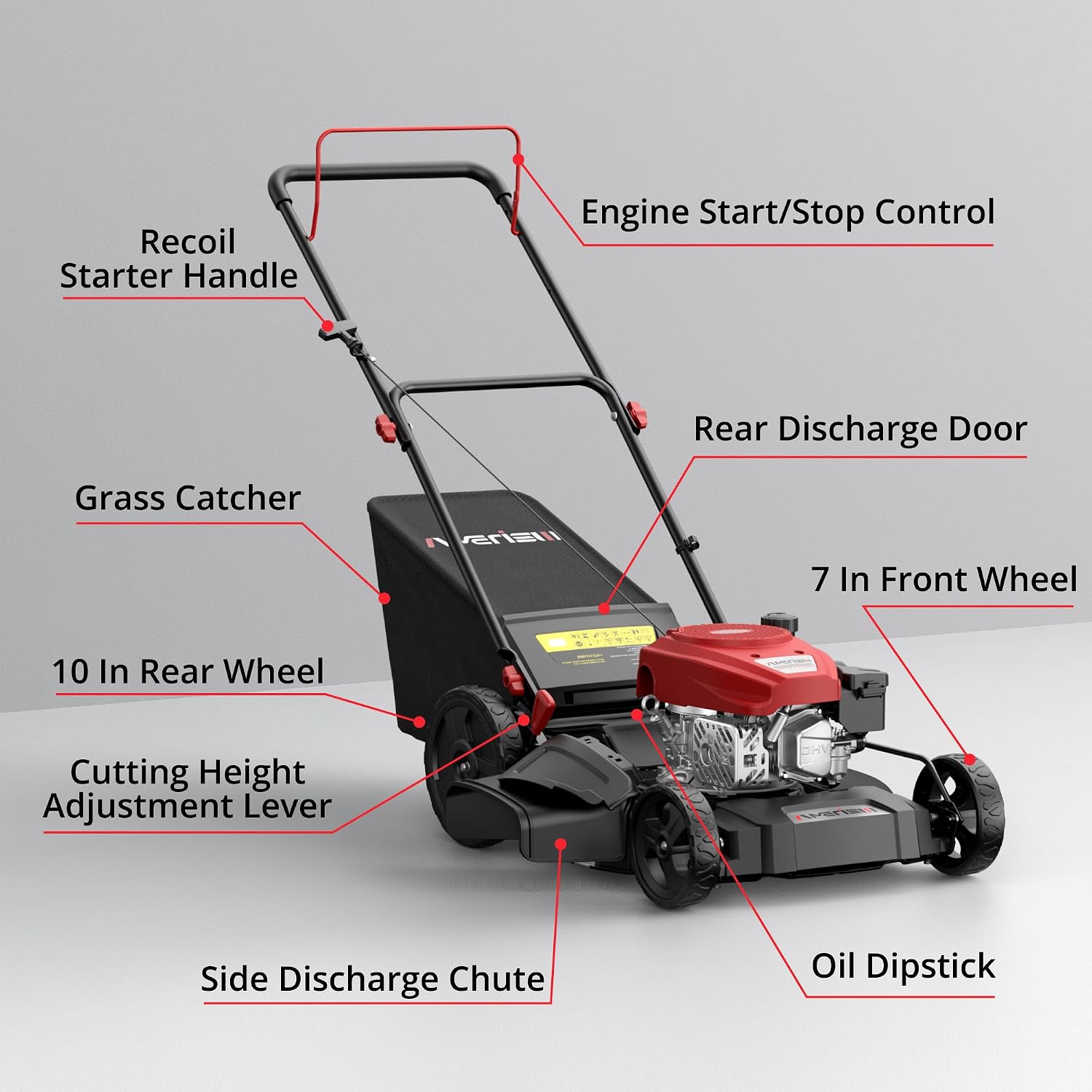 AMERISUN 21' Gas Lawn Mower, 3-in-1 Gas Push Mowers, 144cc 4-Stroke OHV Engine, 6 Height Adjustments 1.4 Bushel Grass Catcher, Lawnmower with Bagging, Mulching & Side Discharge, Efficient Steel Deck