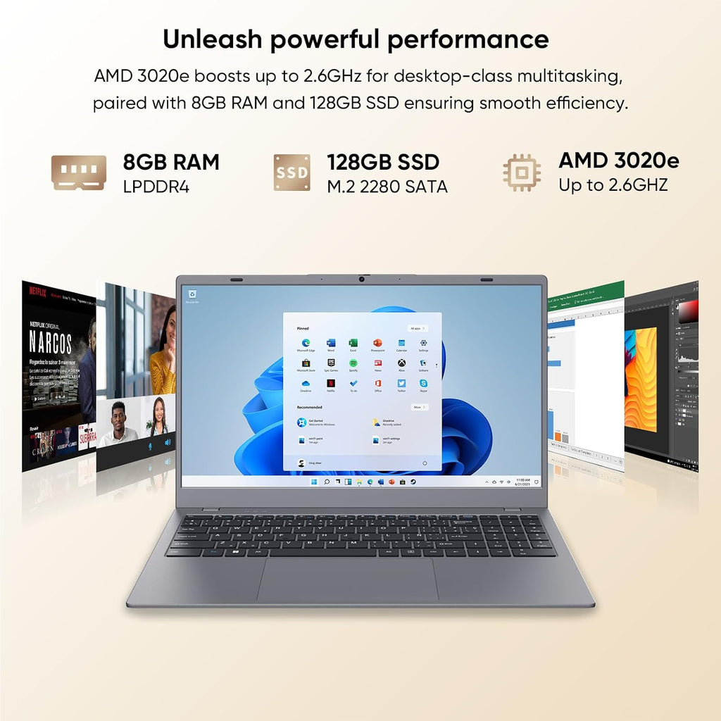 Laptop,15.6'' Laptop Computer,8GB RAM LPDDR4 128GB SSD(Expandable to 1TB), AMD Athlon Processor Up to 2.6 GHz,WiFi 5,BT 5.0, Webcam, Poratable Student and Business Laptops