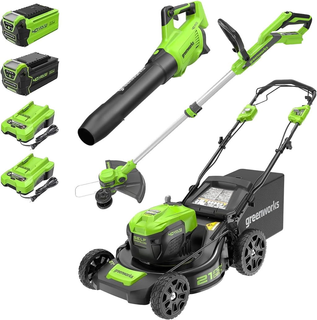 Greenworks 40V 21' Self-Propelled Lawn Mower,Axial Leaf Blower(500 CFM / 120 MPH),13' String Trimmer with 2 Batteries(5Ah+2Ah) & Chargers