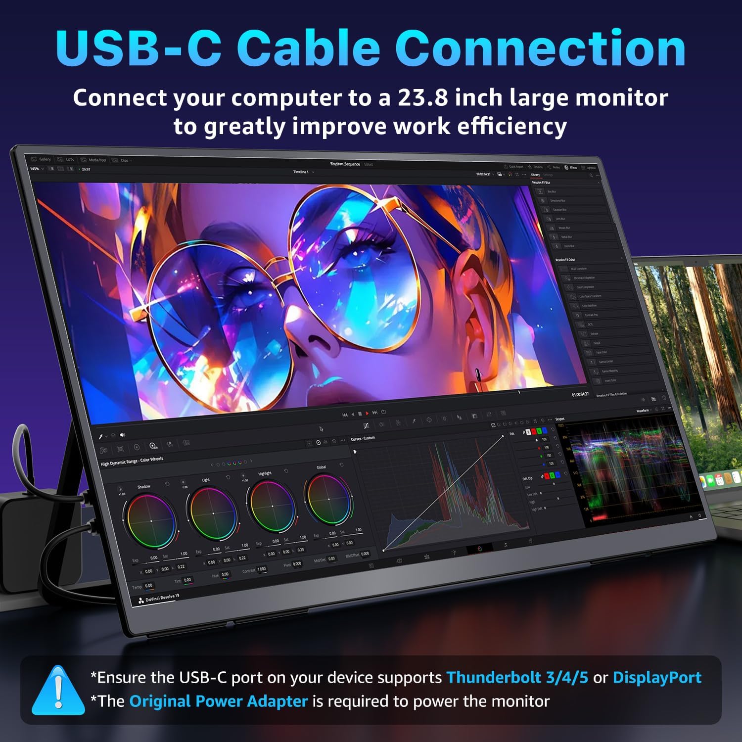 Upperizon Portable Monitor 23.8 inch 4K 3840X2160 144% sRGB 60Hz HDR HDMI USB-C Travel Monitor for Laptop MacBook PC Surface PS5 Xbox, Large External Display with Kickstand & Speakers, VESA Compatible