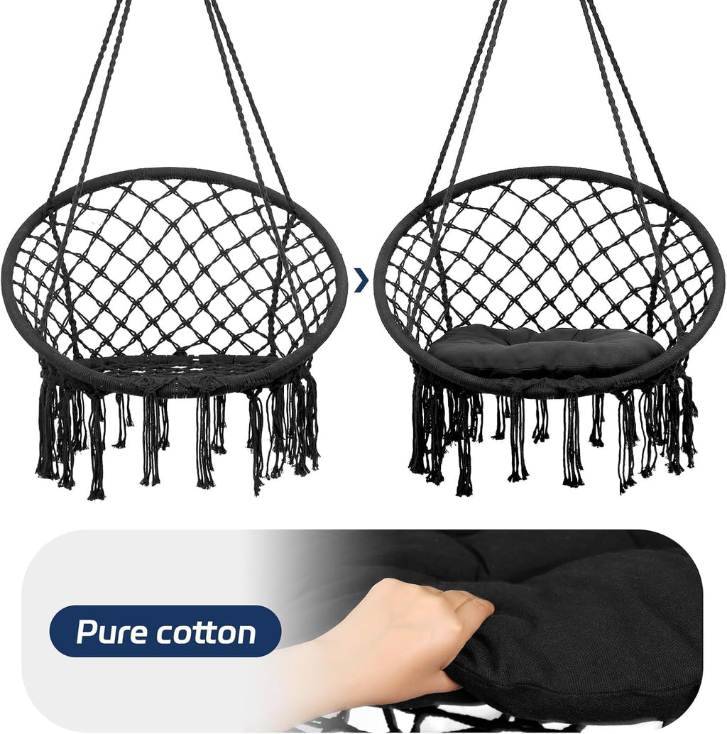 Hammock Chair, 330Lbs Swing Chair for Bedroom, Swing Chair with Comfy Cushion, Hanging Chair, for Bedroom, Porch, Adults, Balcony (Blcak 2PCS)