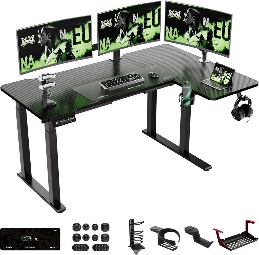 X-Win 63 Inches L-Shaped Electric Standing Desk, Dual Motor Height Adjustable Stand Up Corner Desk, Sit to Stand Workstation, Carbon Fiber Top