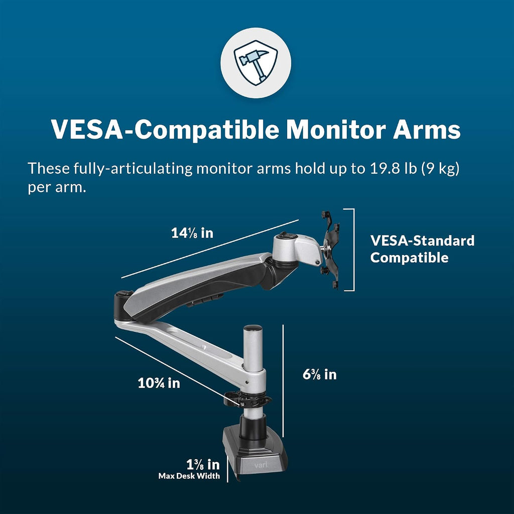 Vari Dual Monitor Arm - VESA Monitor Mount w/ 360 Degree Adjustment - Monitors up to 27 inches, 19.8 lbs - Double Monitor Arms with Full Adjustability - Computer Monitor Stand for Home or Office