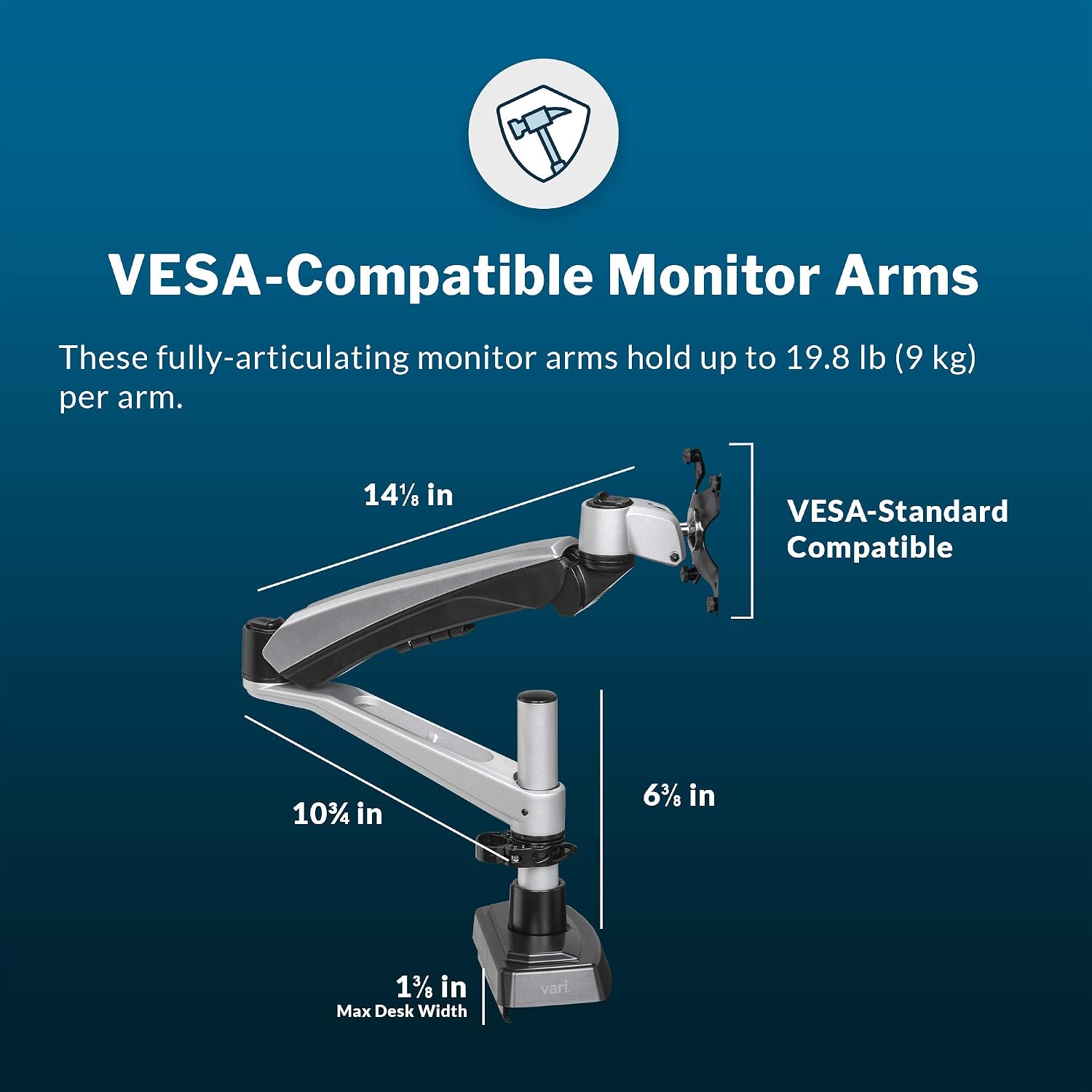 Vari Dual Monitor Arm - VESA Monitor Mount w/ 360 Degree Adjustment - Monitors up to 27 inches, 19.8 lbs - Double Monitor Arms with Full Adjustability - Computer Monitor Stand for Home or Office