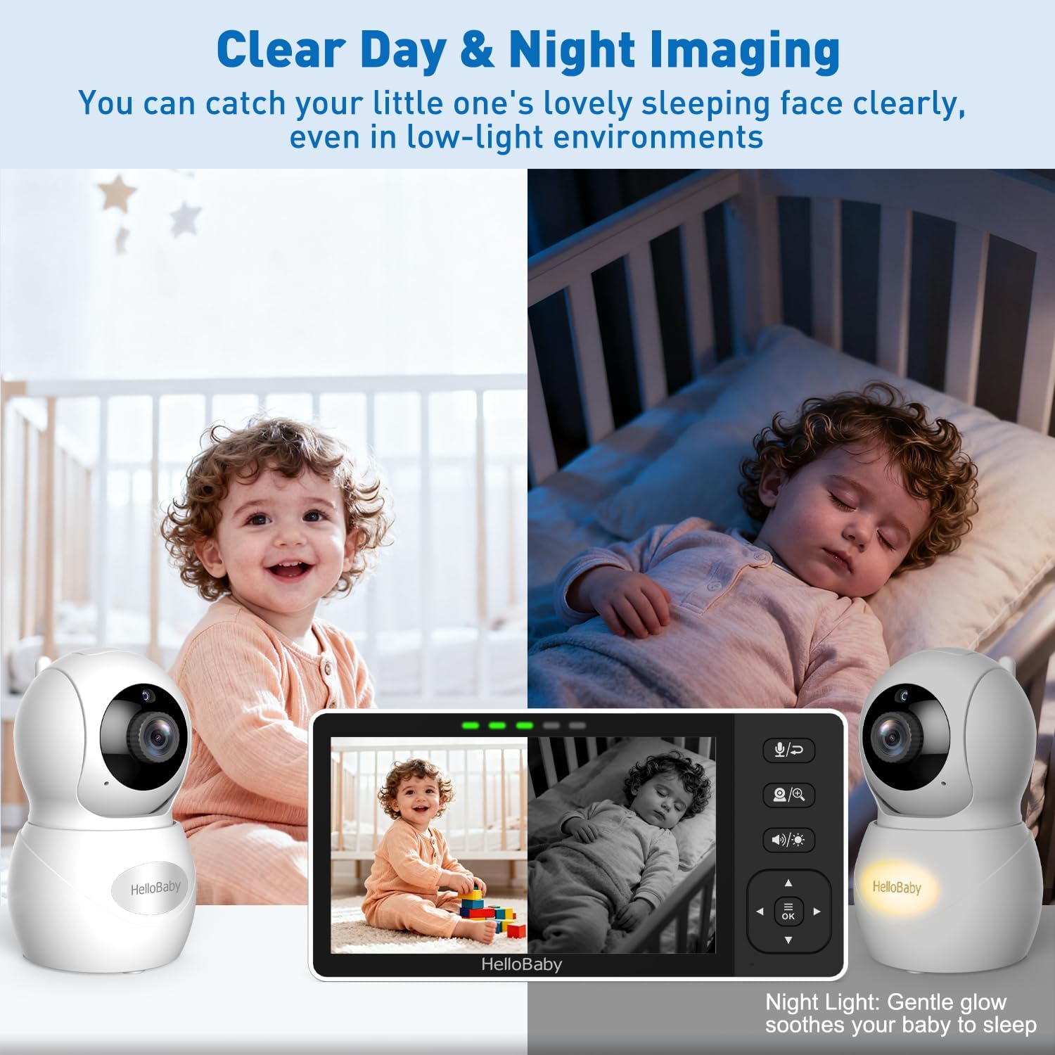 HelloBaby Baby Monitor with 2 Cameras, 5.5' 720P HD No WiFi Audio Display Split Screen, Dual 1080P Cameras, Pan-Tilt-Zoom, 2-Way Talk, Night Vision, 4000mAh Battery, Clock & Timer, Wide View