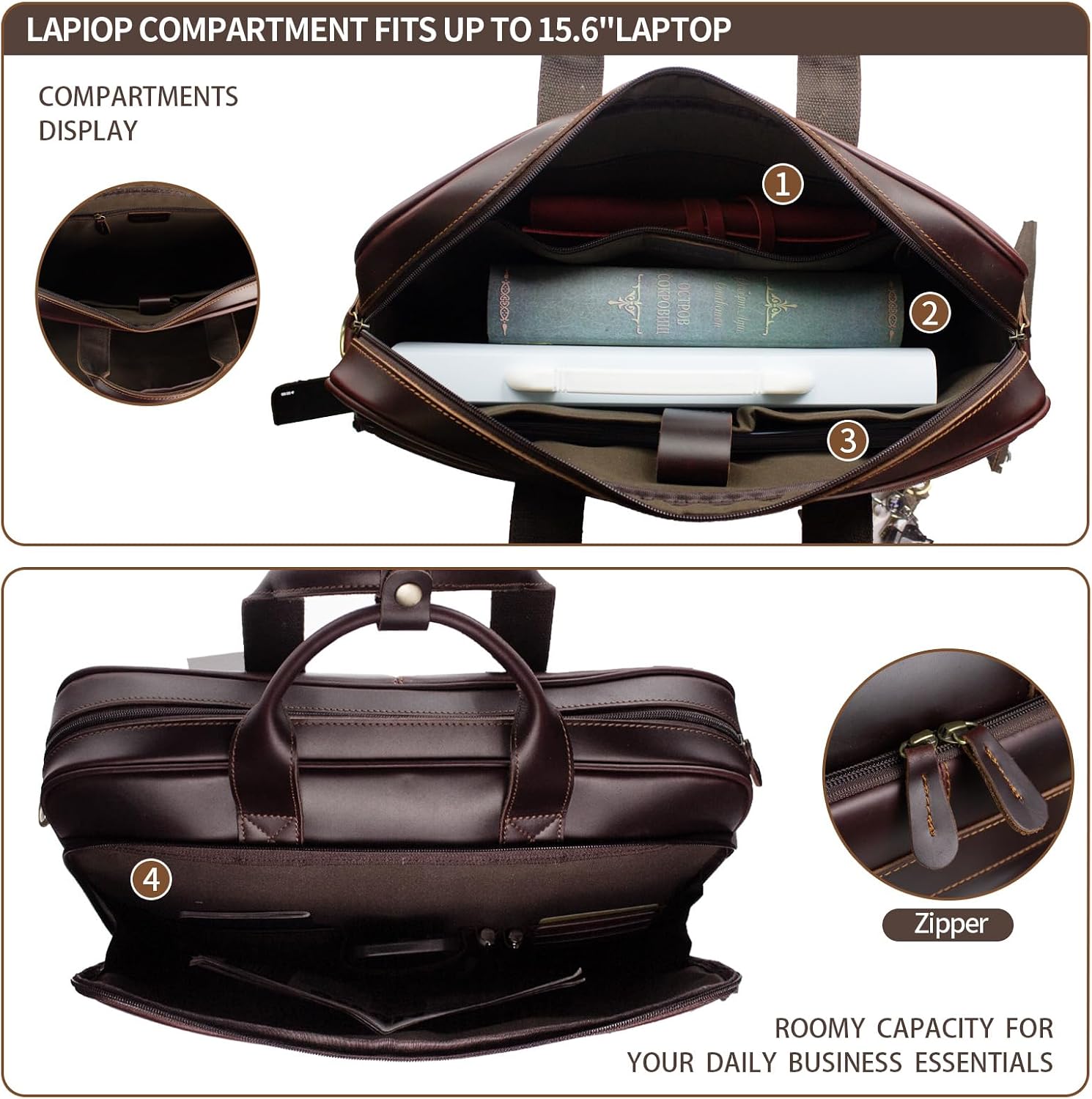 Jack&Chris Full Grain Leather Briefcase for Men, Business Messenger Bag Laptop Bag Attache Case, Fits 15.6 Inch Laptop