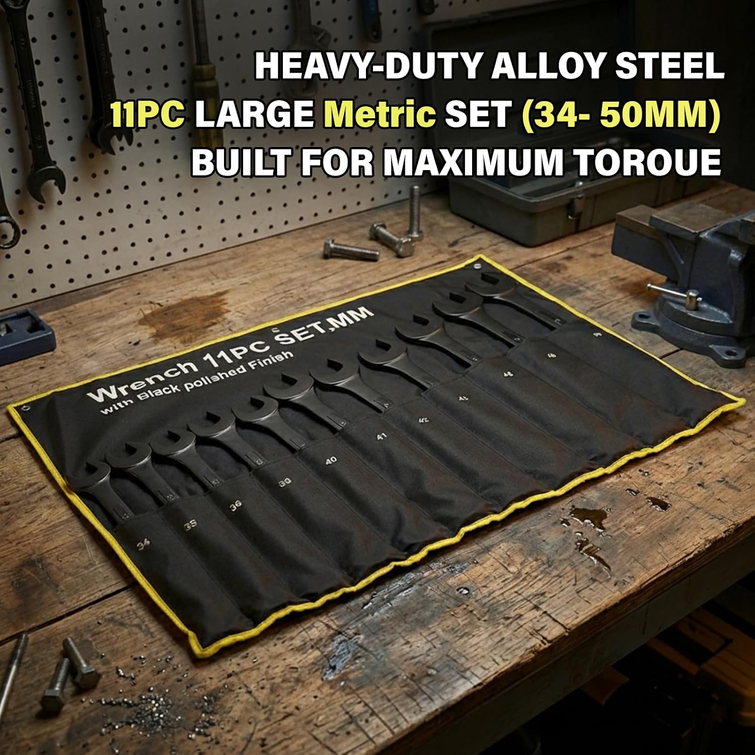 11PC Jumbo Combination Wrench Set, Metric 34–50mm, Heavy-Duty Cr-V Steel, Black Oxide Finish, Full-Range Large Wrench Kit with Storage Pouch