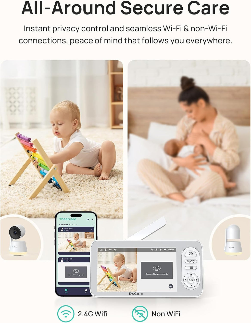 Dr.Care LumiView Plus Smart WiFi Baby Monitor with Clip Mount - 5.5' 1080P Split Screen & 2K Camera, Privacy Mode, Cry & Motion Alerts, 5000mAh Removable Battery, RGB Night Light, HD Night Vision