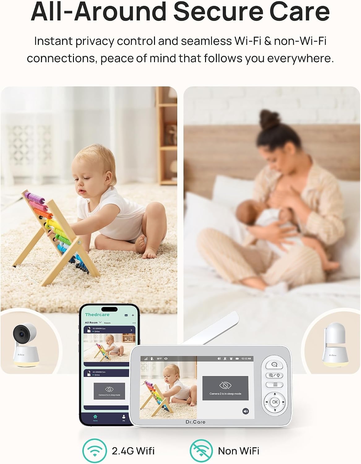 Dr.Care LumiView Plus Smart WiFi Baby Monitor with Clip Mount - 5.5' 1080P Split Screen & 2K Camera, Privacy Mode, Cry & Motion Alerts, 5000mAh Removable Battery, RGB Night Light, HD Night Vision